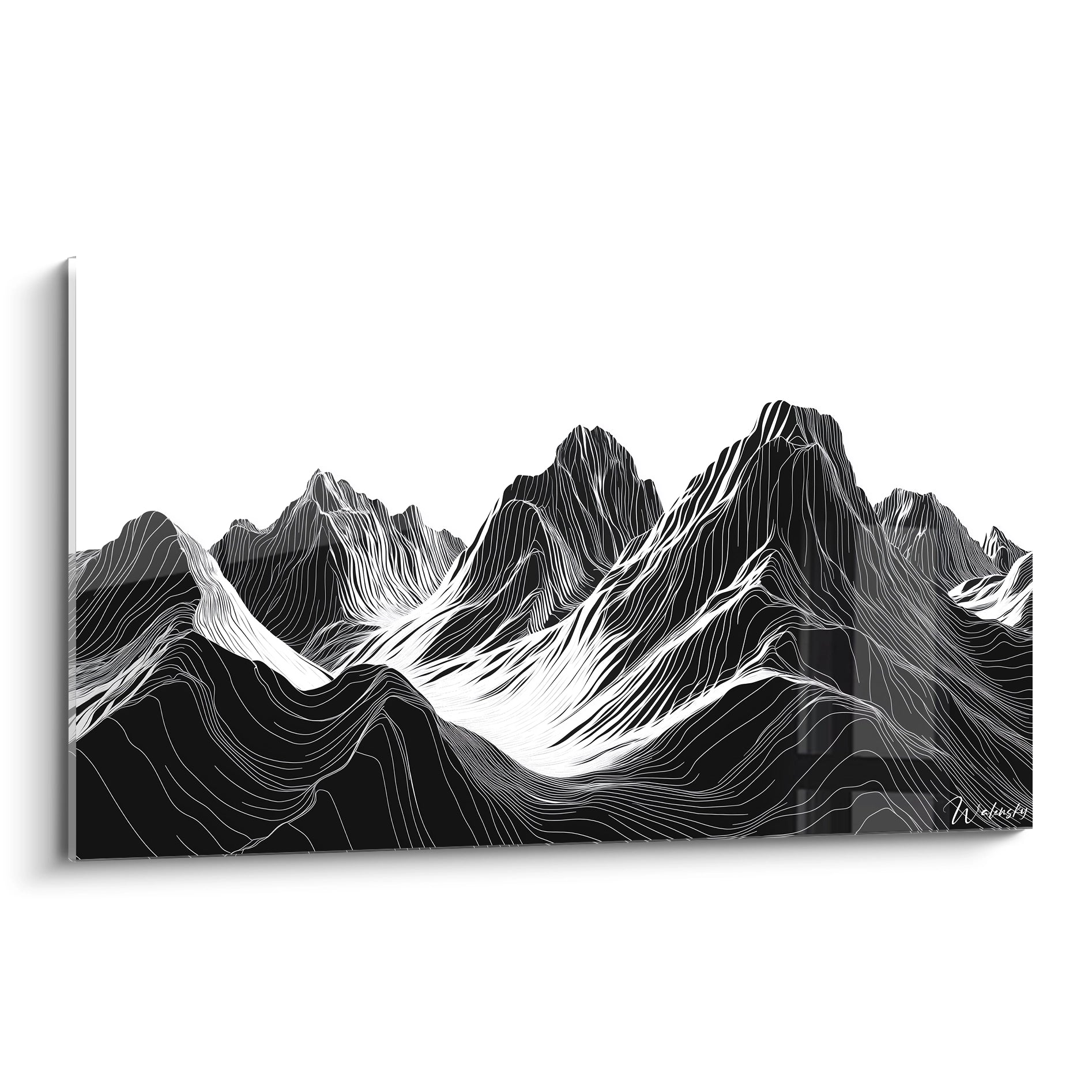 Un tableau montagnes en noir et blanc représentant une chaîne de sommets aux lignes topographiques précises. Les courbes fluides et ondulantes créent un effet de relief saisissant, avec des crêtes blanches contrastant sur fond noir profond, offrant une vision minimaliste et graphique du paysage montagneux.
