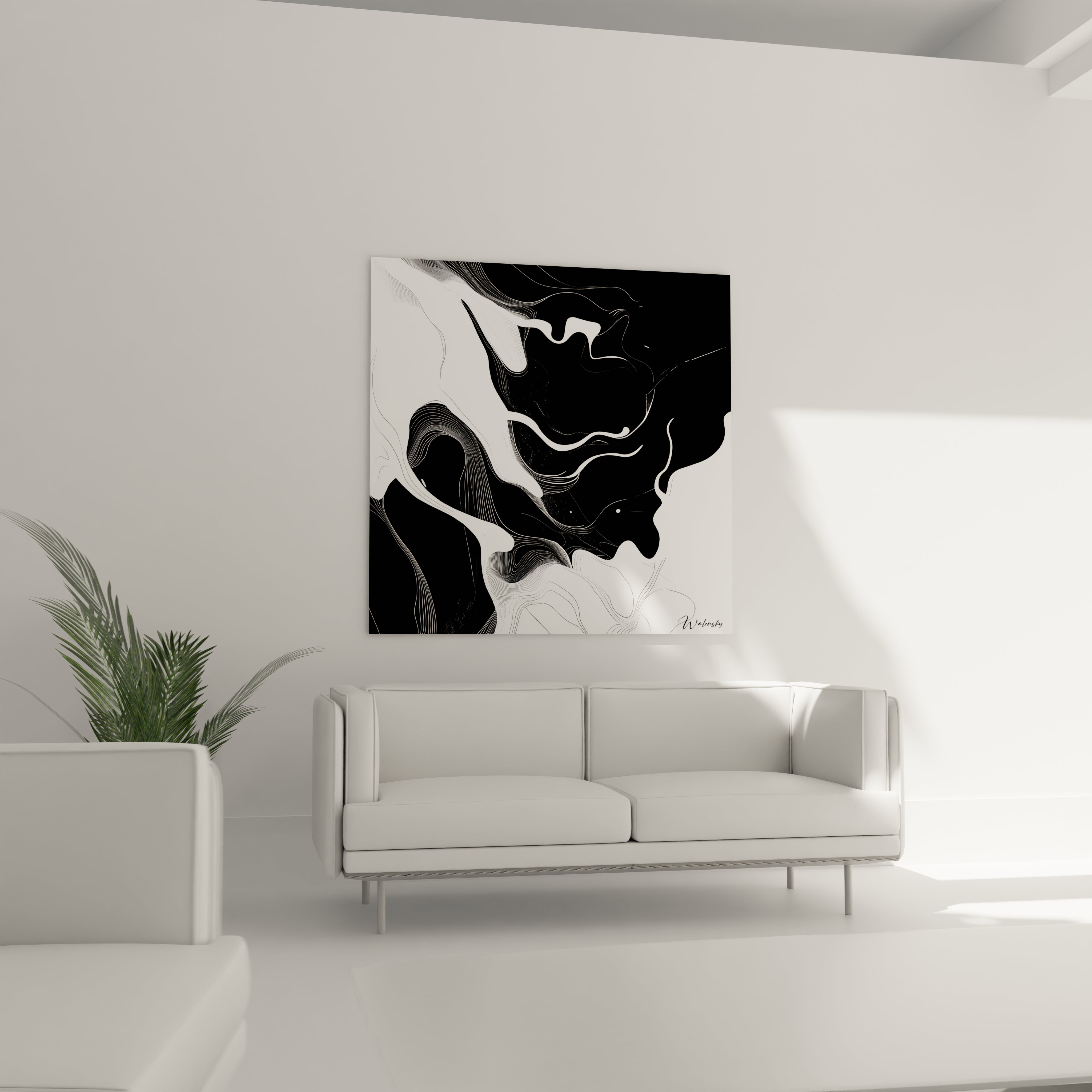 Un tableau rayures noir et blanc abstrait où des formes blanches organiques semblent flotter sur un fond noir intense. Les lignes fines et précises forment des motifs ondulants qui s'entrelacent, créant un contraste saisissant et une impression de mouvement perpétuel.
