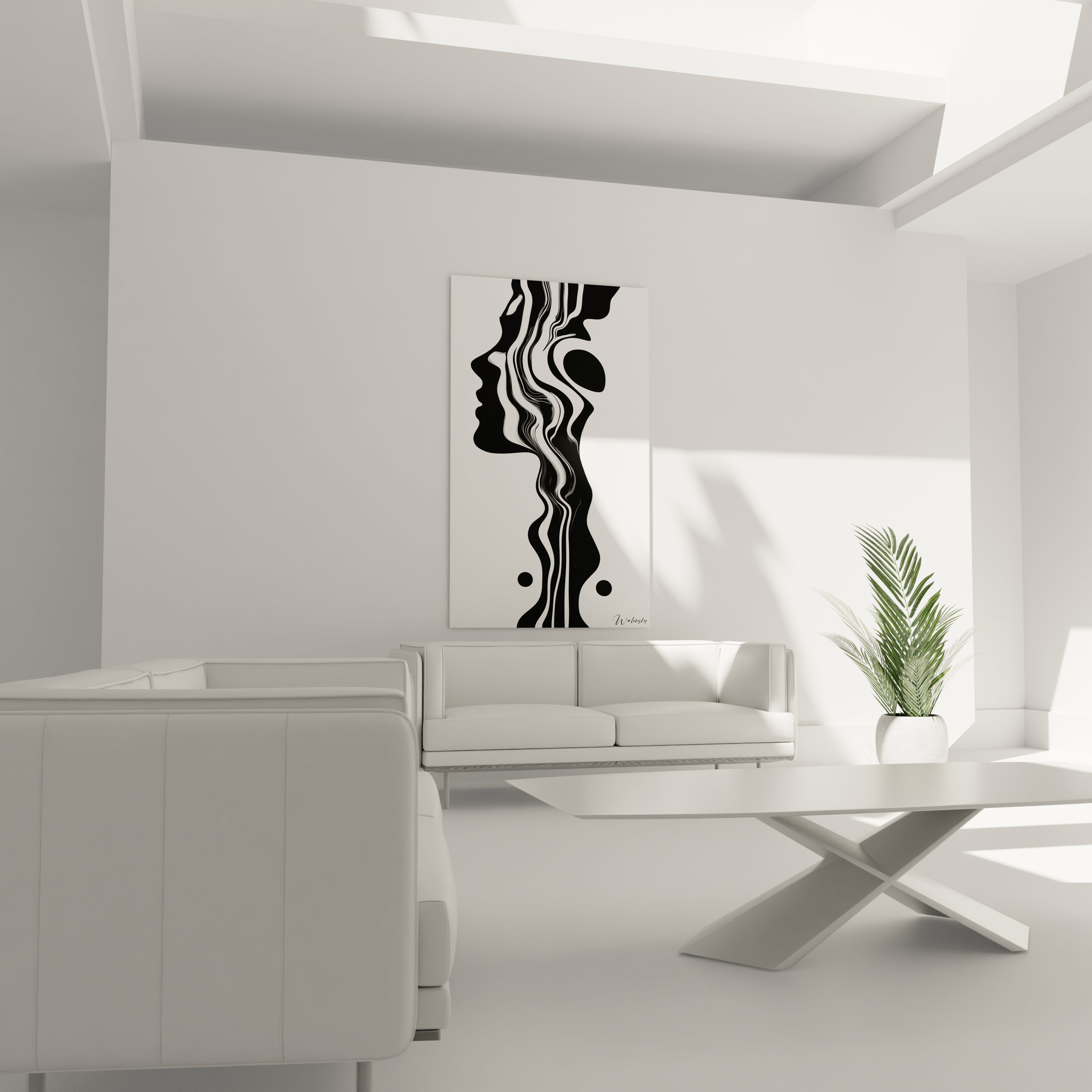 Un tableau rayures ondulantes montrant des formes abstraites en noir profond sur fond blanc. La composition verticale présente des lignes dynamiques et des courbes fluides qui s'entrecroisent, créant un motif rythmique aux contours nets et précis.

