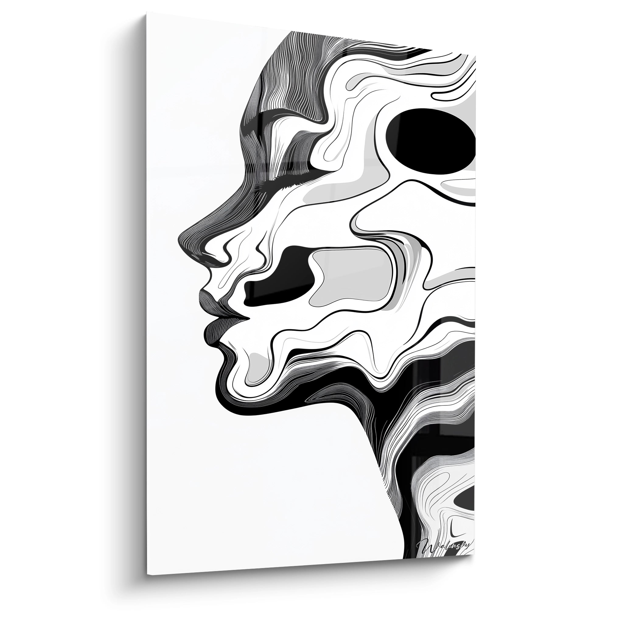 Un tableau abstrait représentant un profil de visage humain composé de lignes ondulantes parallèles noires sur fond blanc. Les variations d'épaisseur et de densité des rayures créent le volume et la forme du visage avec un effet optique saisissant.
