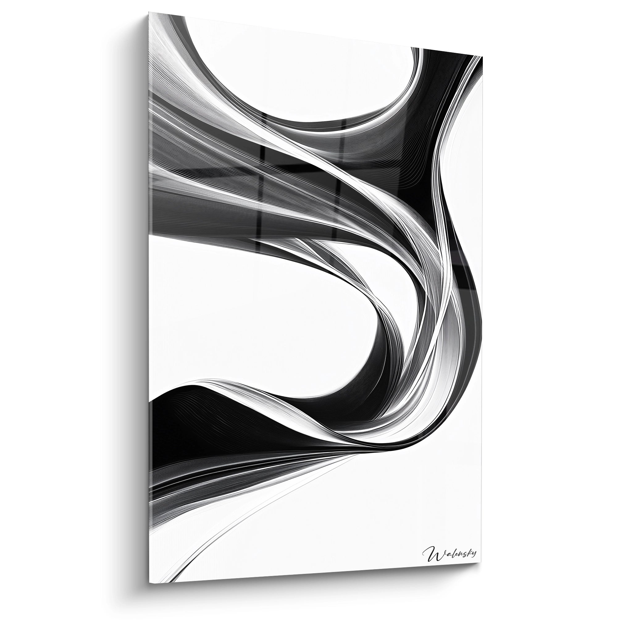 Un tableau rayures noir et blanc présentant des lignes fluides et ondulantes qui s'entrecroisent avec dynamisme. Des formes courbes créent une impression de mouvement perpétuel sur fond blanc, avec des textures graphiques fines et un contraste saisissant.
