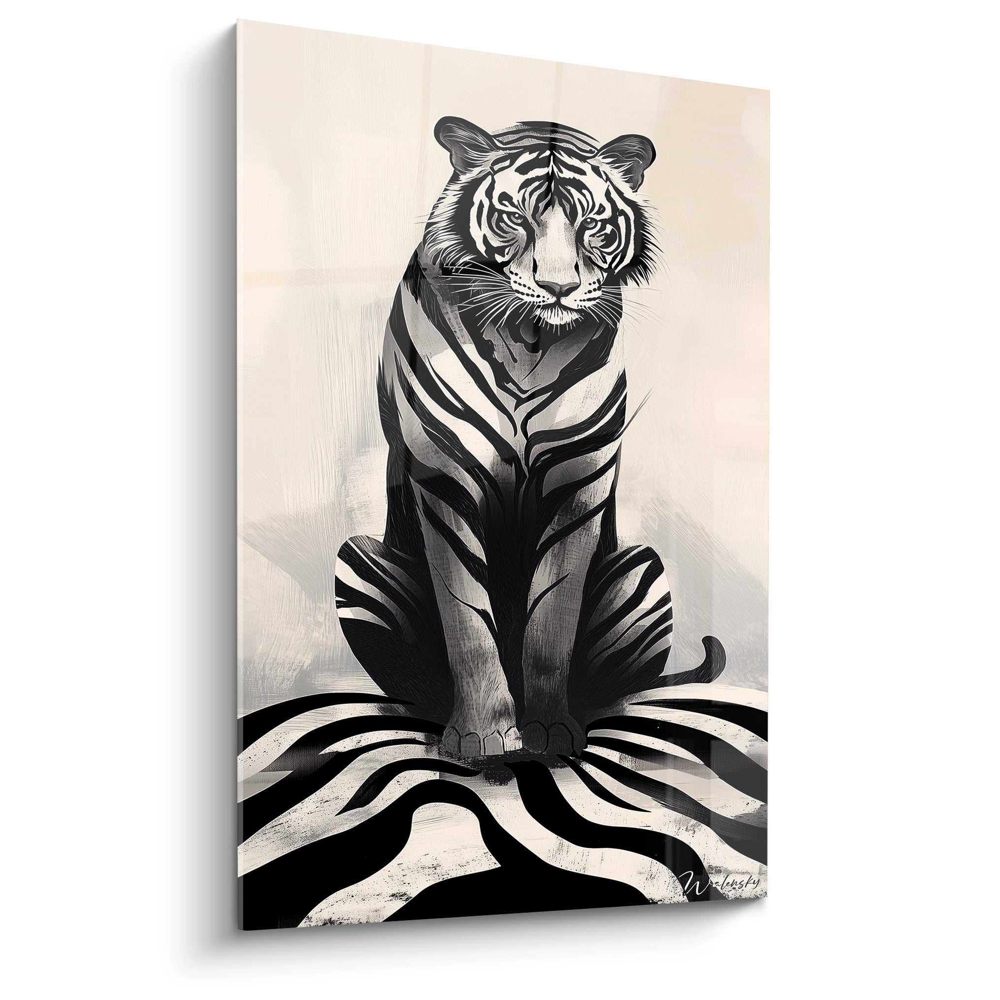 Un tableau tigre noir et blanc représentant un félin majestueux assis au centre de la composition, avec des rayures contrastées soulignées par des traits expressifs et des textures variées sur fond beige pâle.
