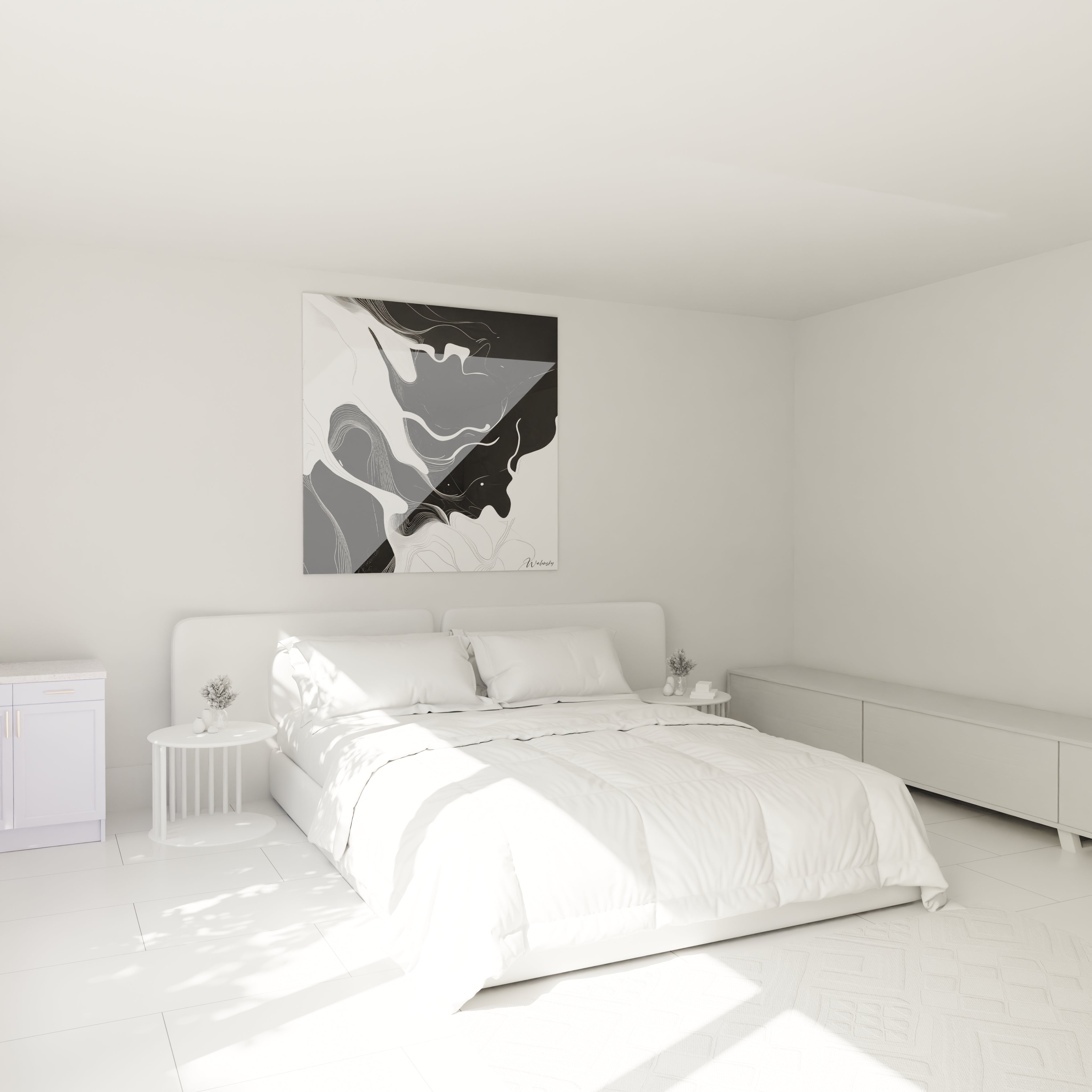 Un tableau rayures noir et blanc minimaliste composé de lignes sinueuses blanches sur fond noir. Les formes abstraites créent une impression de profondeur par le jeu des épaisseurs variables et la disposition asymétrique des éléments, offrant une texture visuelle sophistiquée.
