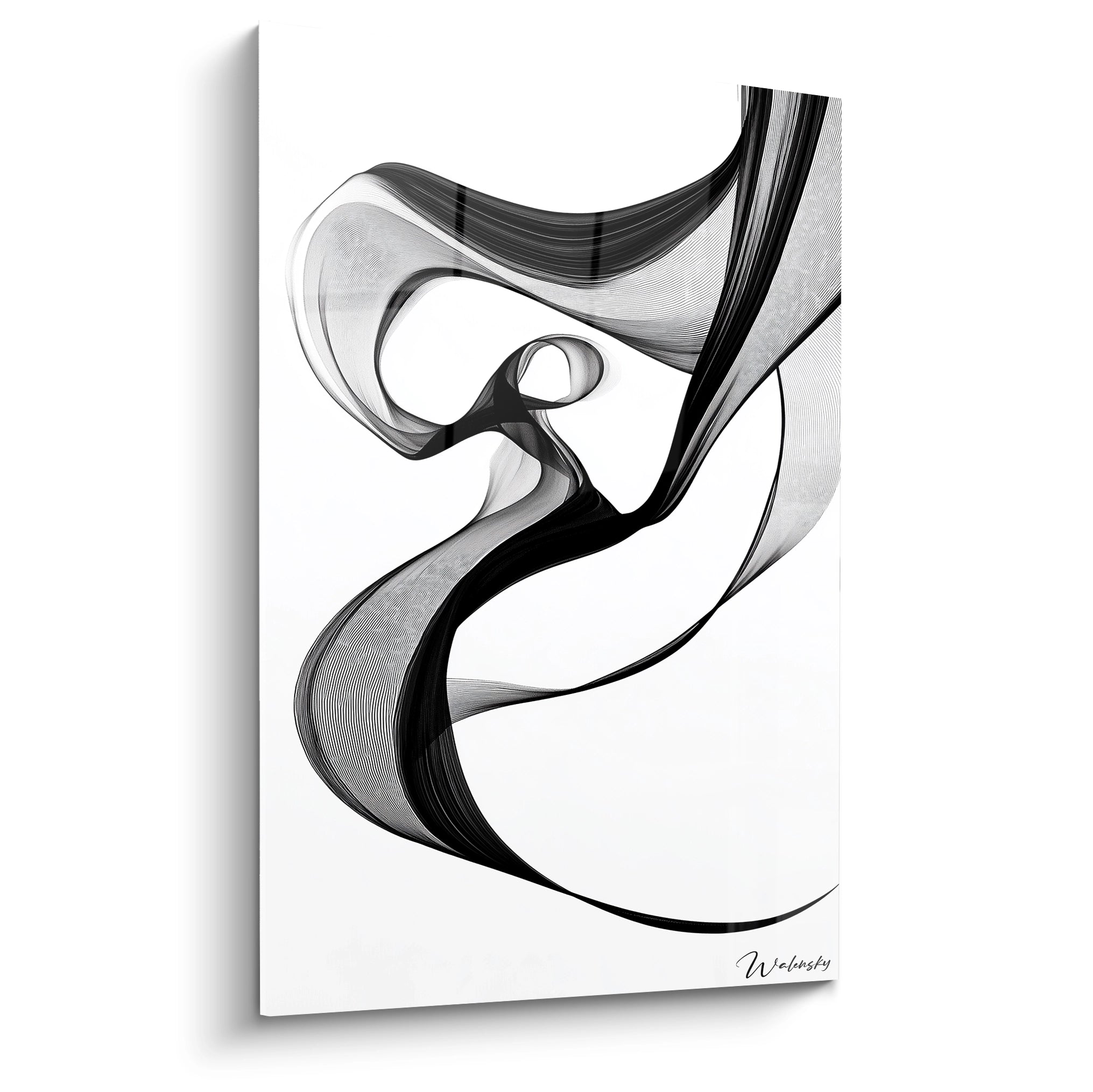 Un tableau rayures noir et blanc présentant des courbes fluides et ondulantes qui s'entrecroisent sur fond blanc. Les lignes parallèles créent des zones de densité variable, produisant un effet de volume et de mouvement dynamique avec des contrastes marqués.
