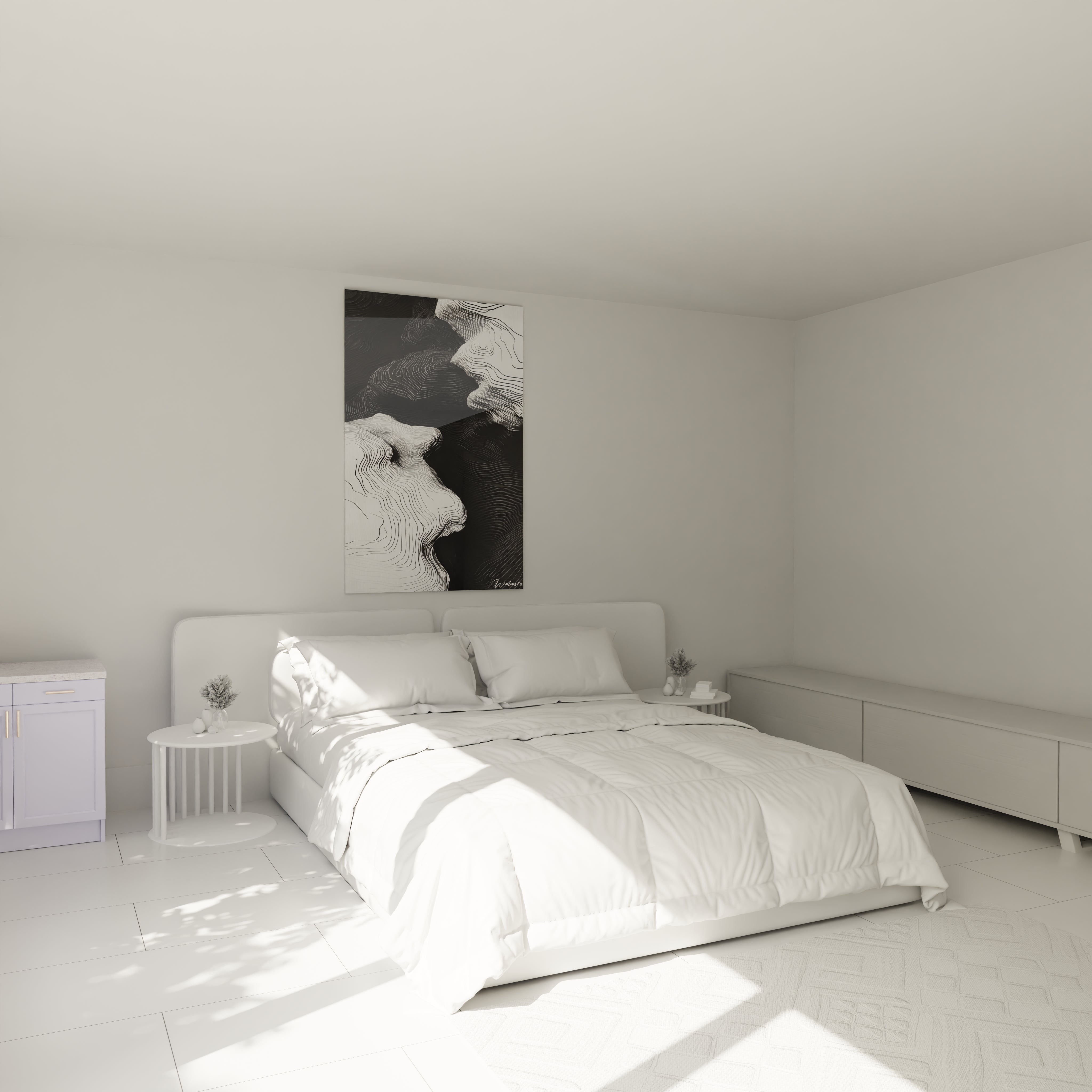 Un tableau rayures noir et blanc aux lignes sinueuses formant des strates superposées. Les ondulations créent un relief visuel saisissant, où les zones blanches émergent des profondeurs noires comme des formations géologiques abstraites, avec une texture visuelle raffinée et hypnotique.
