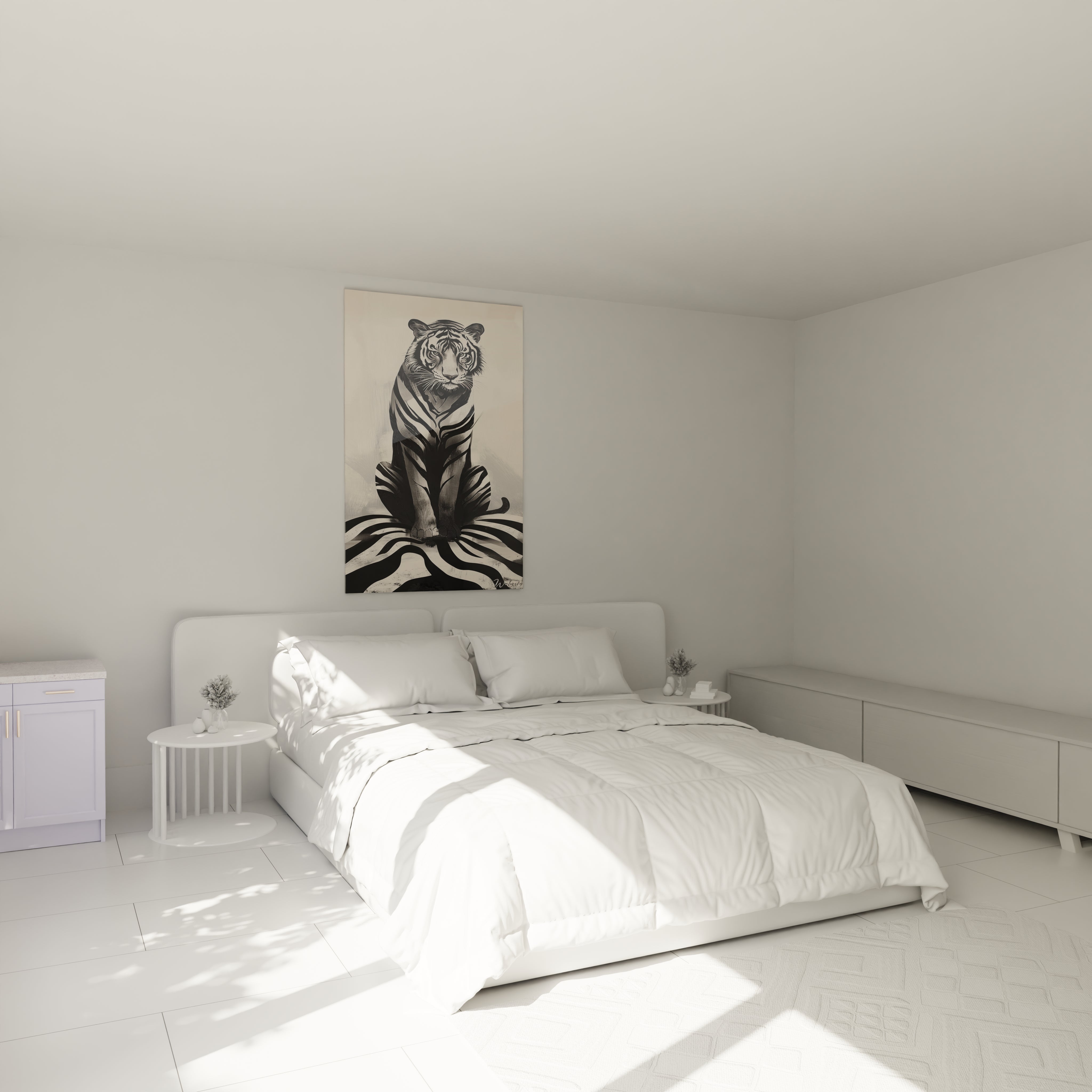 Un tableau tigre rayé montrant un prédateur félin en position assise frontale, aux lignes graphiques noires sur fond blanc crème, avec un traitement détaillé des rayures s'étendant au sol en motif circulaire.
