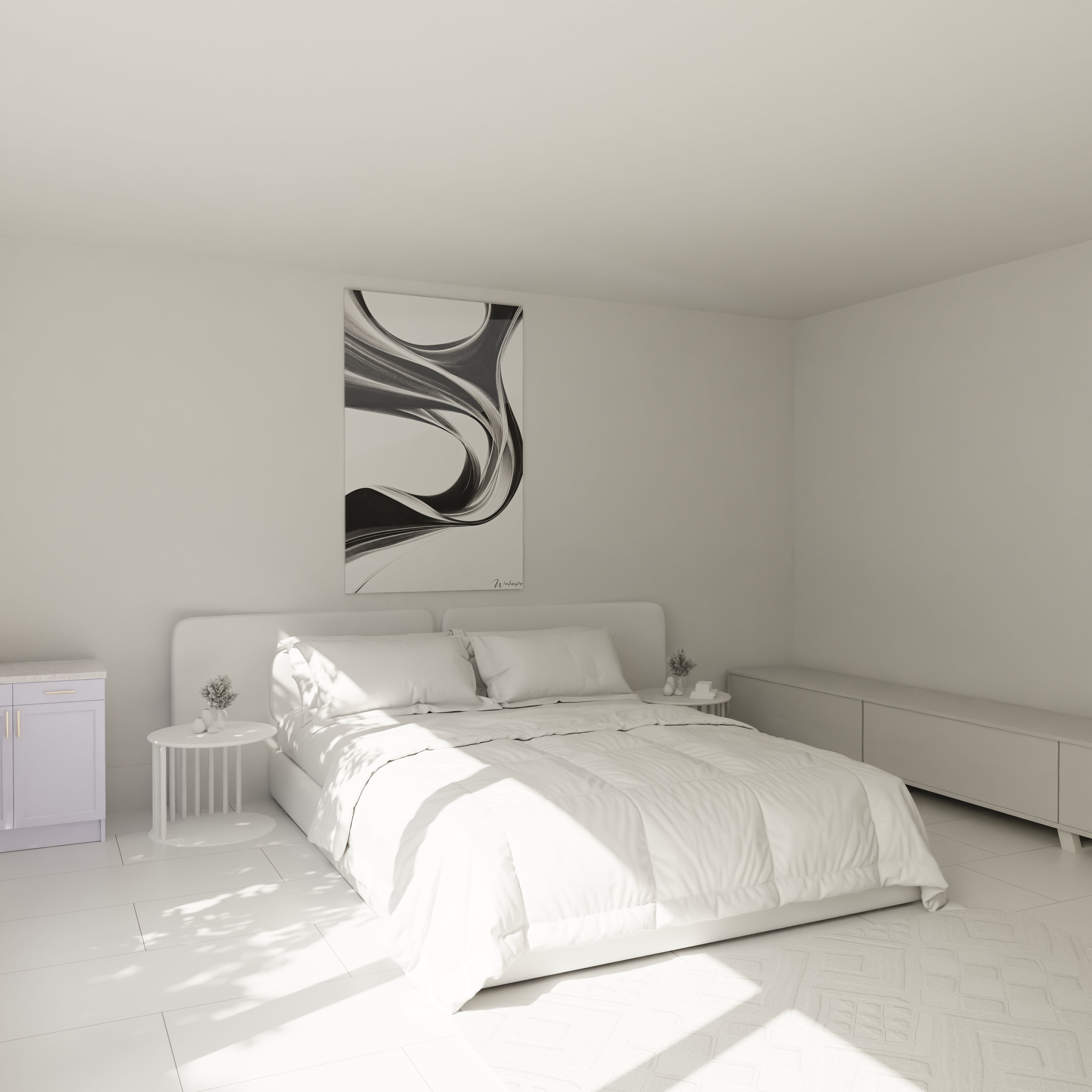 Un tableau rayures noir et blanc minimaliste composé de lignes sinueuses créant des formes abstraites. Les courbes s'entrelacent harmonieusement, formant des vagues et des tunnels visuels. Surface lisse avec effet de profondeur et contraste prononcé entre zones claires et sombres.
