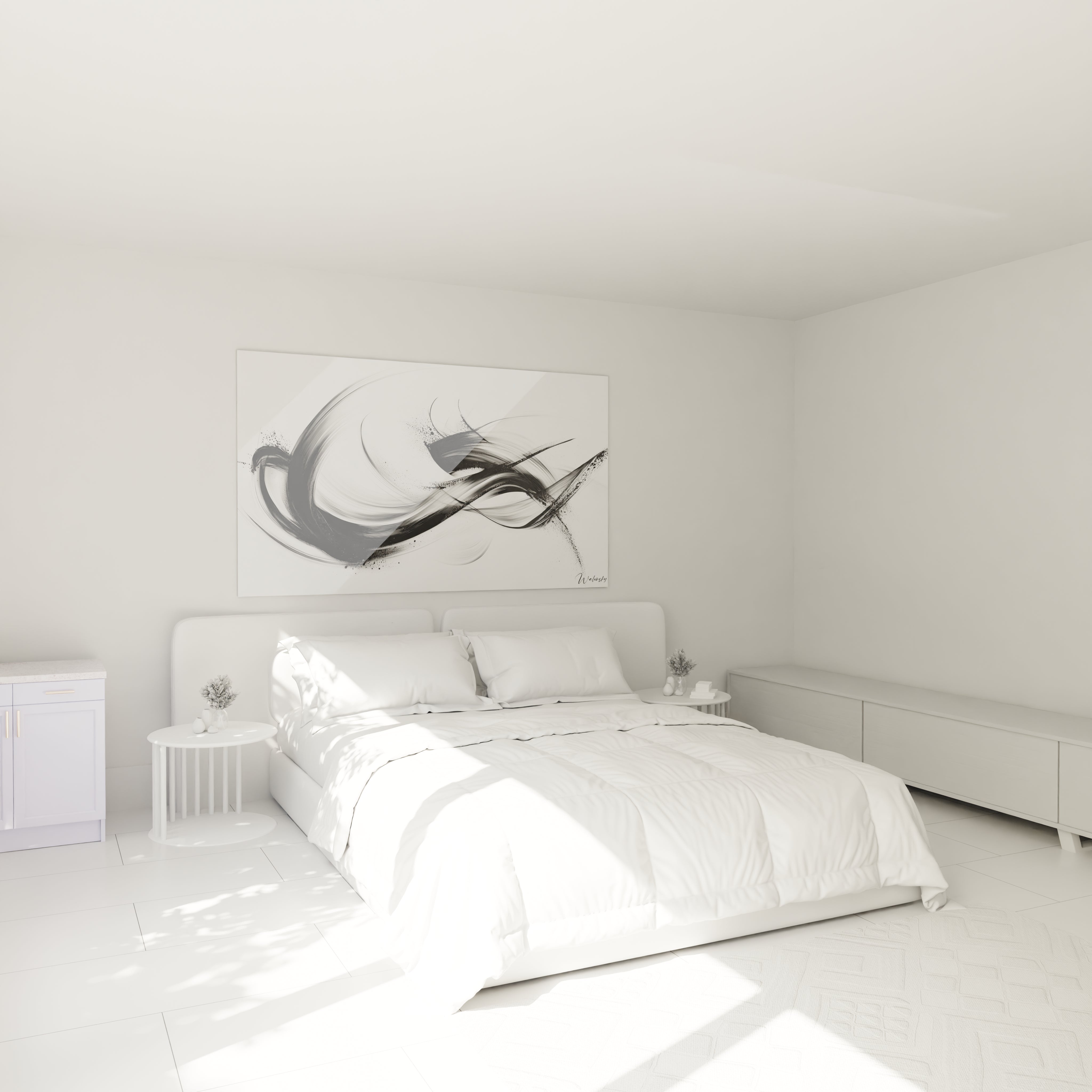 Un tableau abstrait minimaliste composé de lignes noires sinueuses sur fond blanc immaculé. Les coups de pinceau énergiques créent des rayures noir et blanc de différentes épaisseurs, avec des effets d'éclaboussures et des transitions subtiles entre les teintes.

