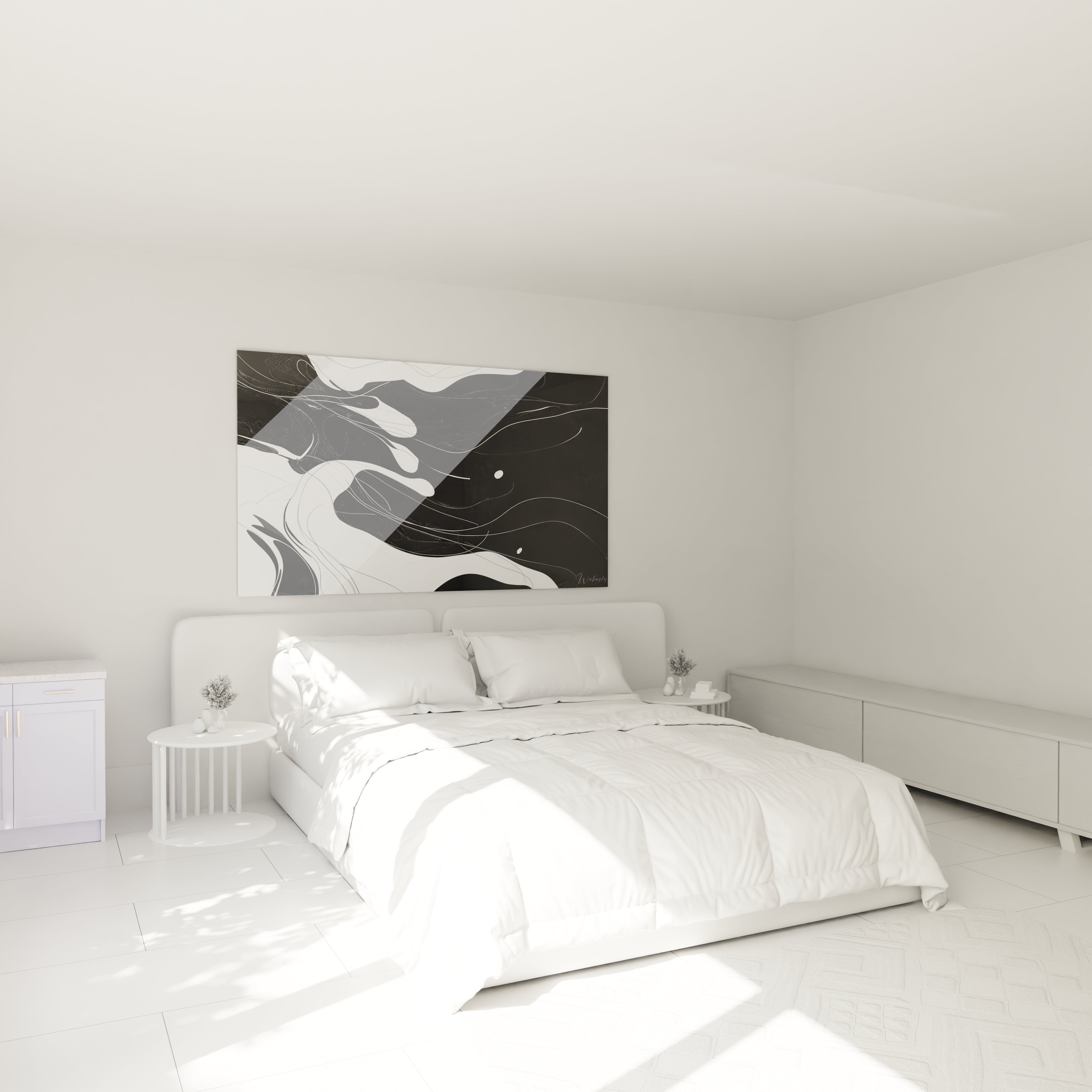 Un tableau rayures noir et blanc aux motifs abstraits évoquant un mouvement liquide. Les formes blanches semblent flotter sur le fond noir profond, créant une sensation de profondeur. Les contours organiques et les fines lignes blanches ajoutent une texture subtile à la composition épurée.
