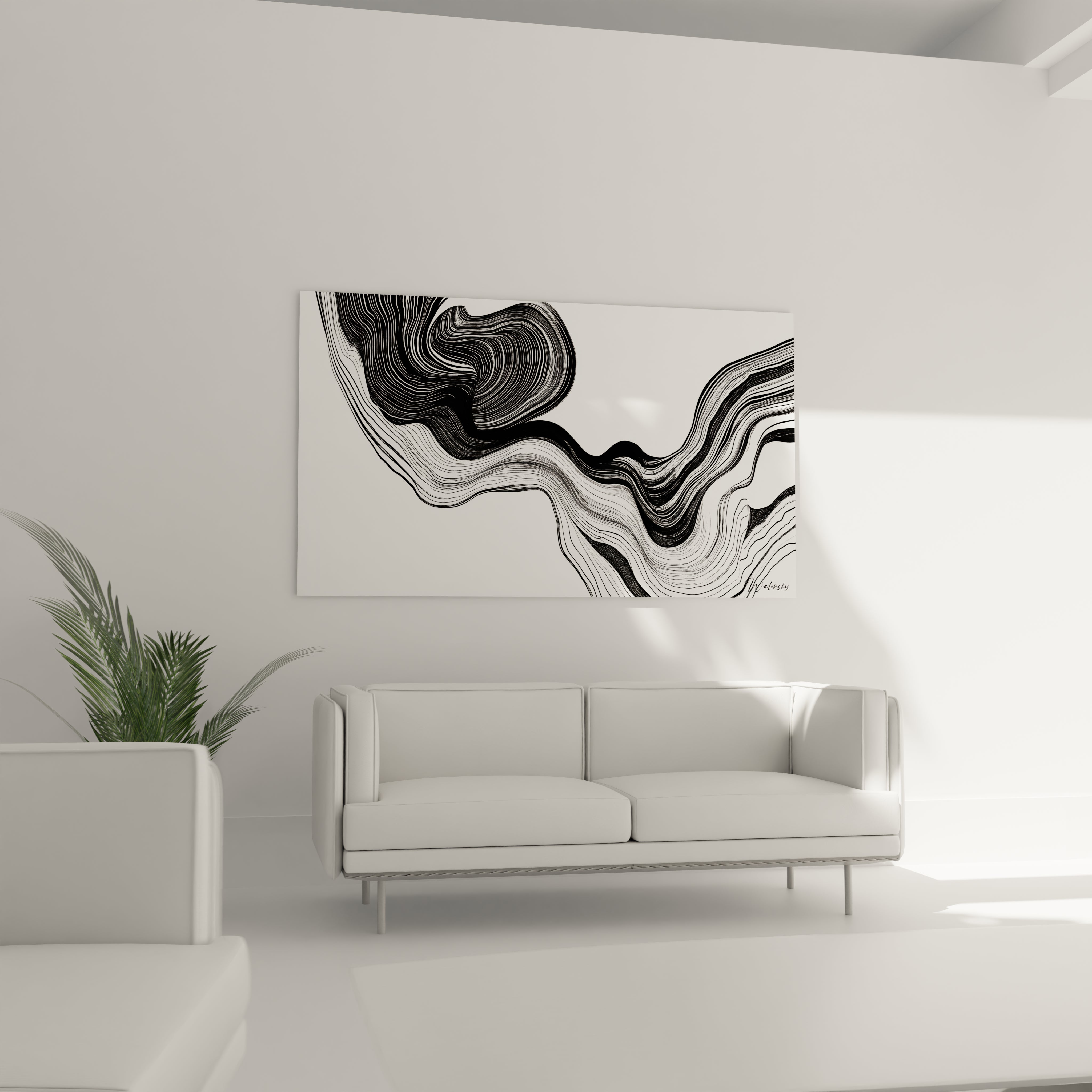Un tableau rayures noir et blanc aux motifs fluides représentant des lignes organiques qui serpentent à travers la composition. L'œuvre joue sur les contrastes entre surfaces noires denses et zones blanches aérées, créant une tension visuelle dynamique par la précision des traits et leurs ondulations rythmiques.
