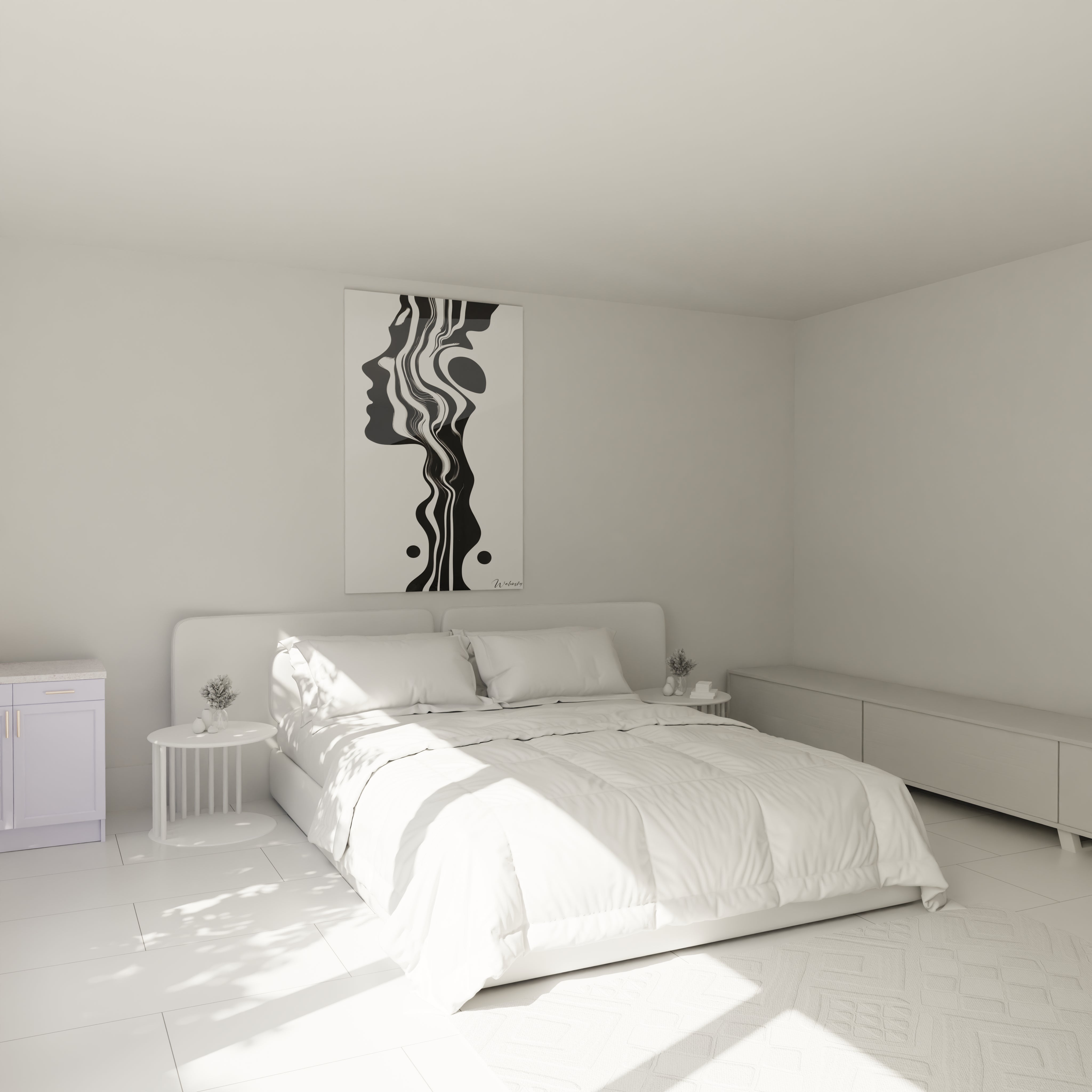 Un tableau rayures noir et blanc minimaliste représentant des silhouettes abstraites émergeant de lignes organiques sinueuses. Les contrastes marqués créent une profondeur visuelle, avec des transitions fluides entre les formes noires et les espaces blancs.
