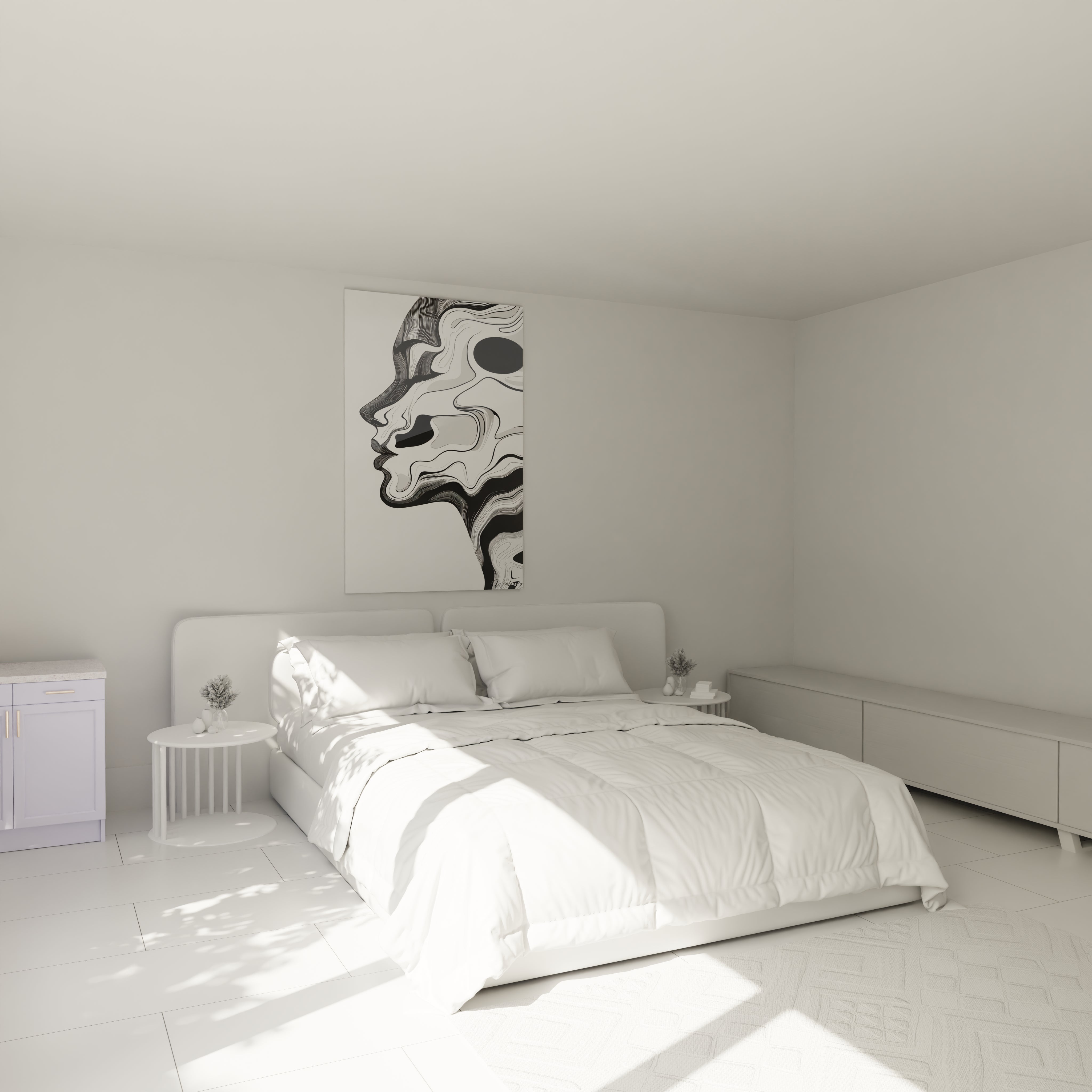 Un tableau minimaliste de profil humain formé par des rayures fluides noir et blanc. Les lignes organiques s'épaississent et s'amincissent pour sculpter les contours du visage, créant une impression de mouvement ondoyant et une texture visuelle hypnotique.
