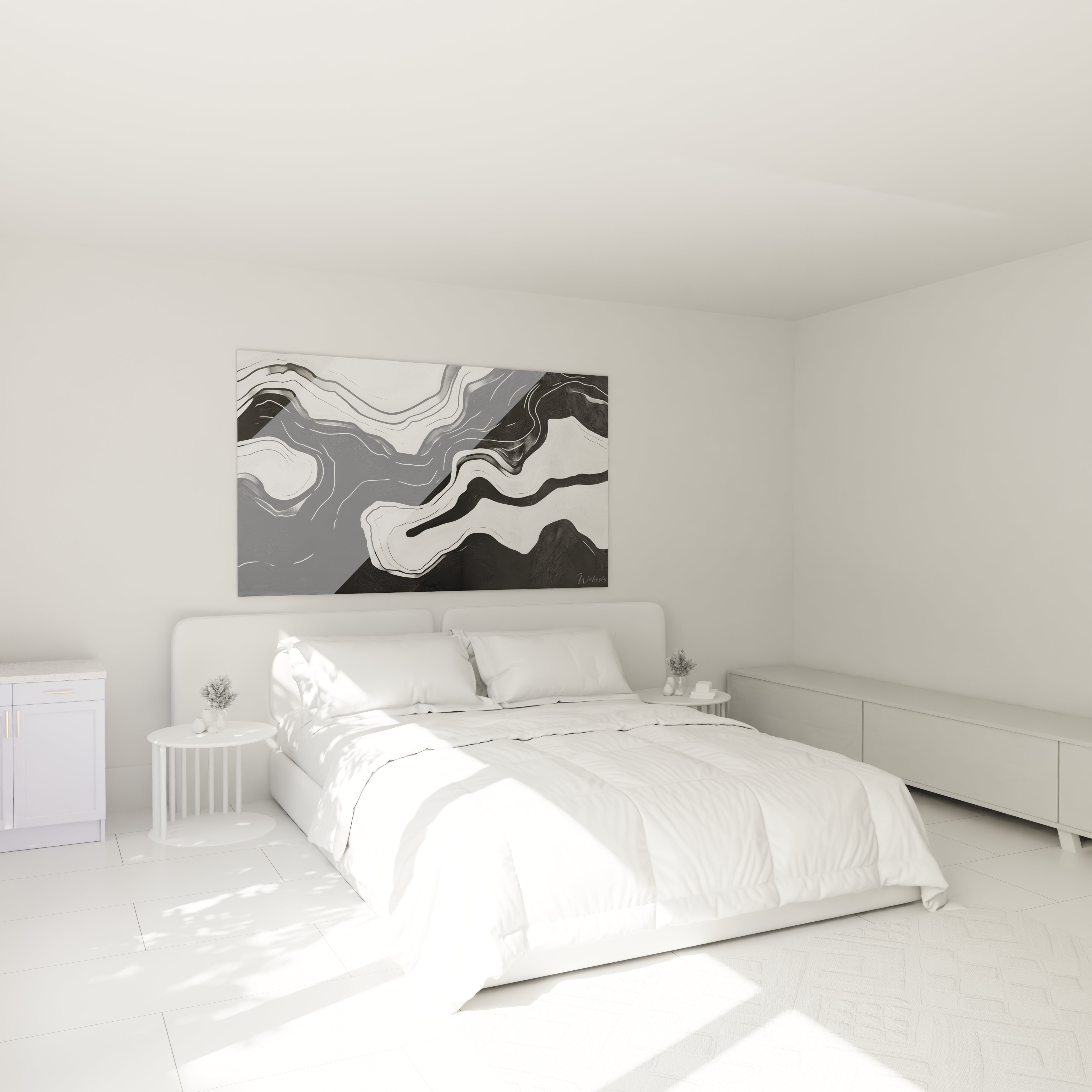 Un tableau abstrait aux lignes fluides noir et blanc représentant des motifs ondulants qui semblent en mouvement constant. Les formes organiques s'entrelacent et créent des zones de contraste marqué, avec une texture délicate révélant un travail minutieux des transitions.
