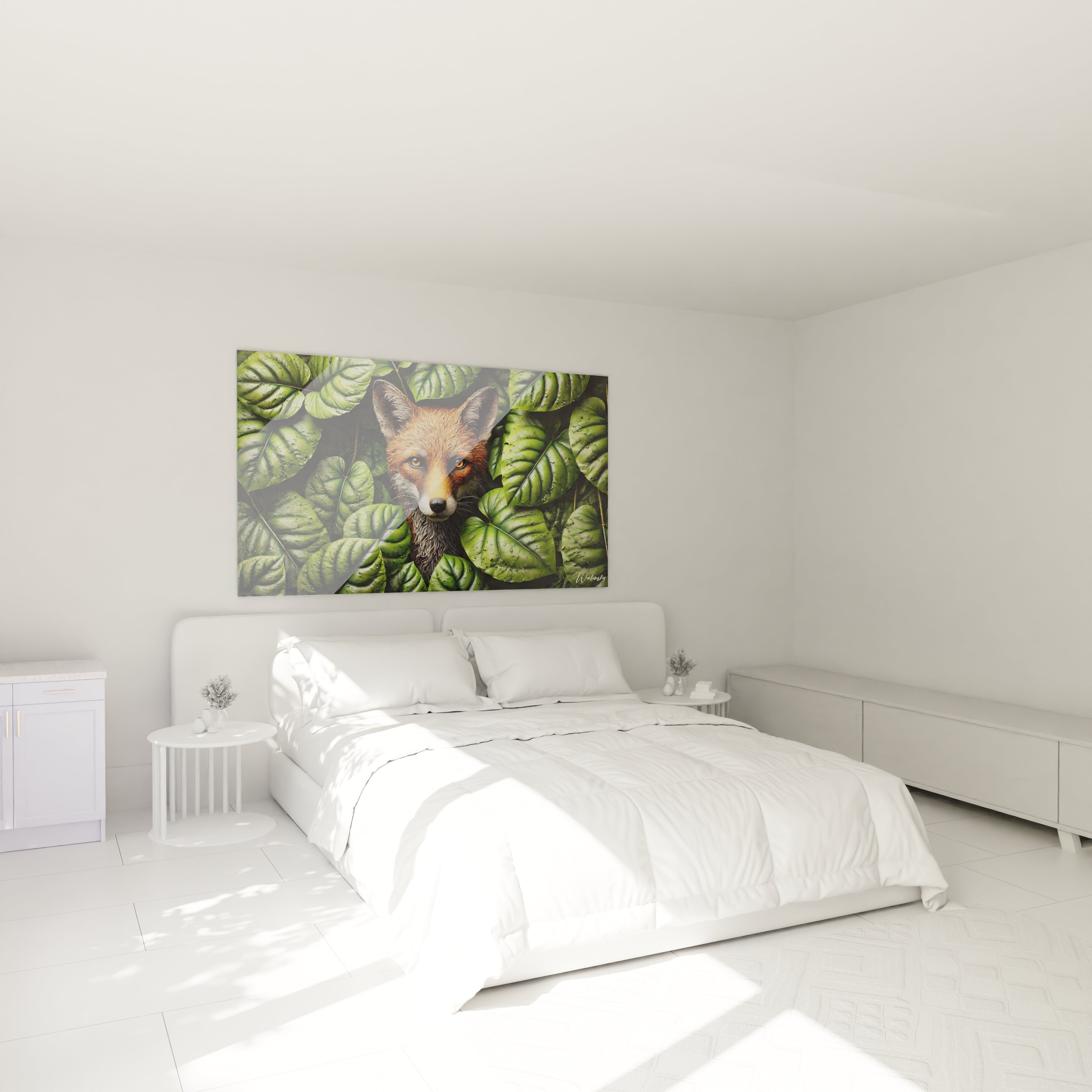 Dans cette chambre, le tableau renard accroché au-dessus du lit crée une atmosphère douce et relaxante. Son regard perçant et son cadre naturel apportent une touche d'évasion et de sérénité.

