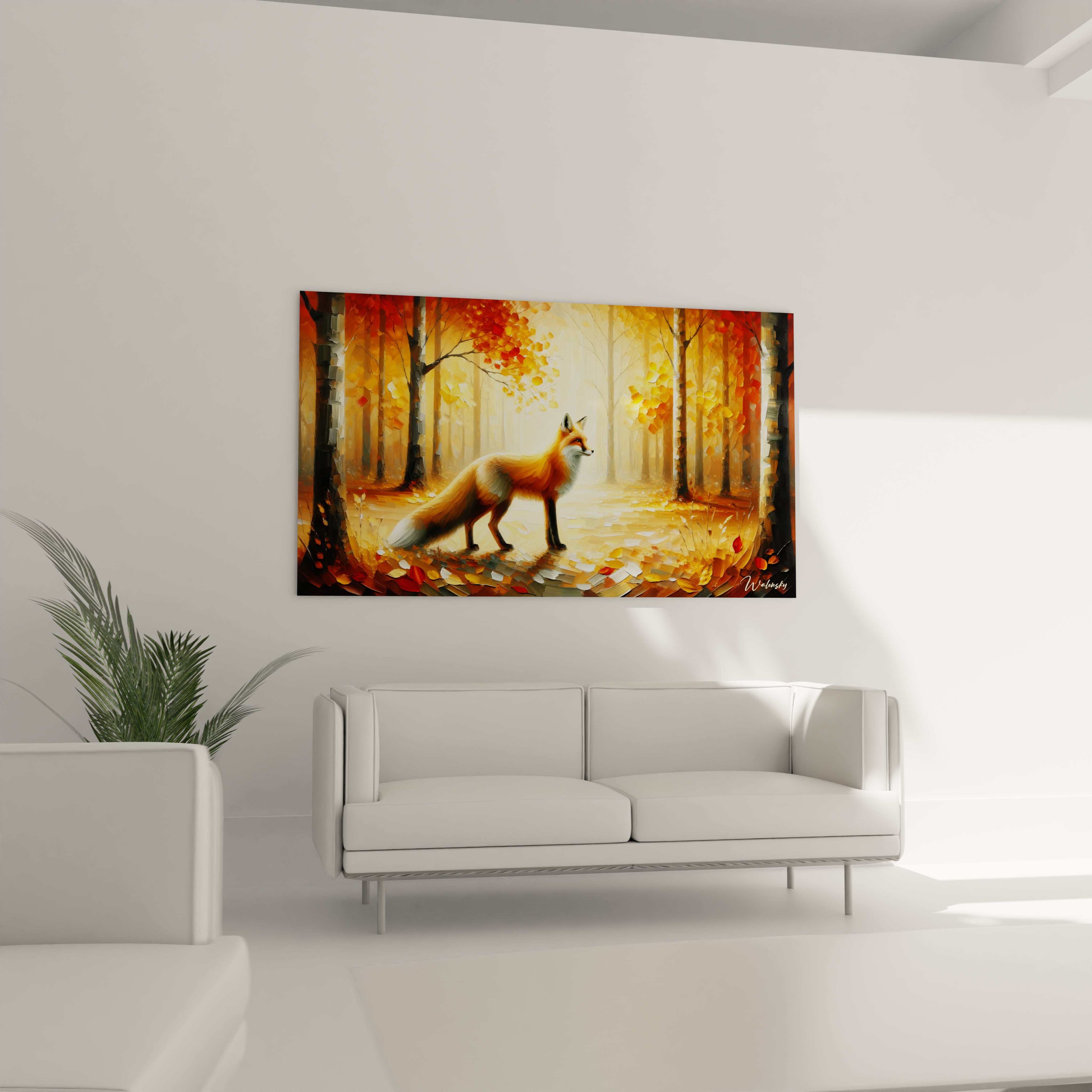 Le tableau renard au-dessus du canapé enrichit le salon avec ses couleurs automnales vives. Son ambiance paisible invite à la contemplation et ajoute une touche de nature à votre intérieur.

