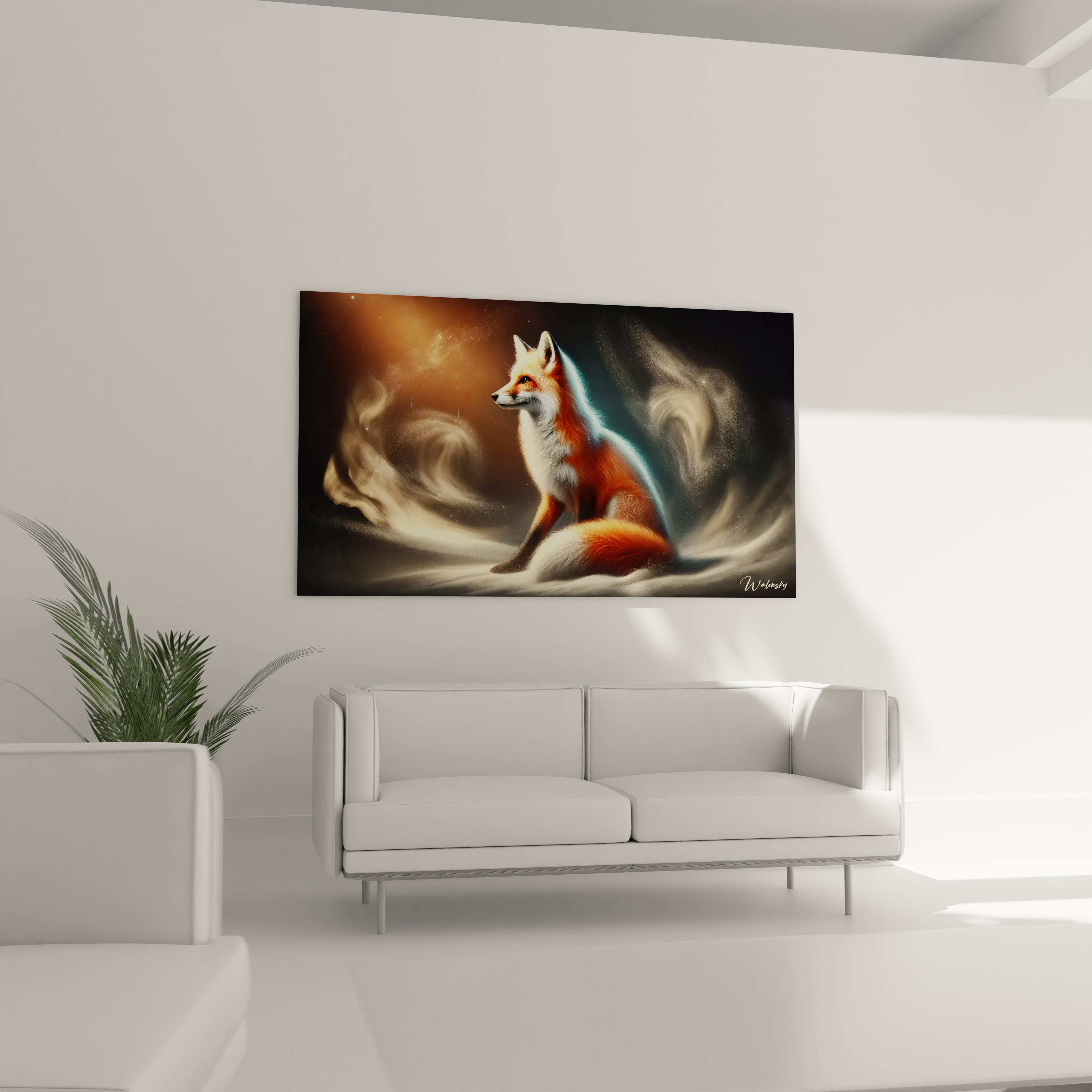 Ce tableau renard, placé au-dessus d'un canapé, illumine le salon avec son éclat mystique. Une pièce d'art qui allie modernité et charme, parfaite pour toute décoration intérieure.

