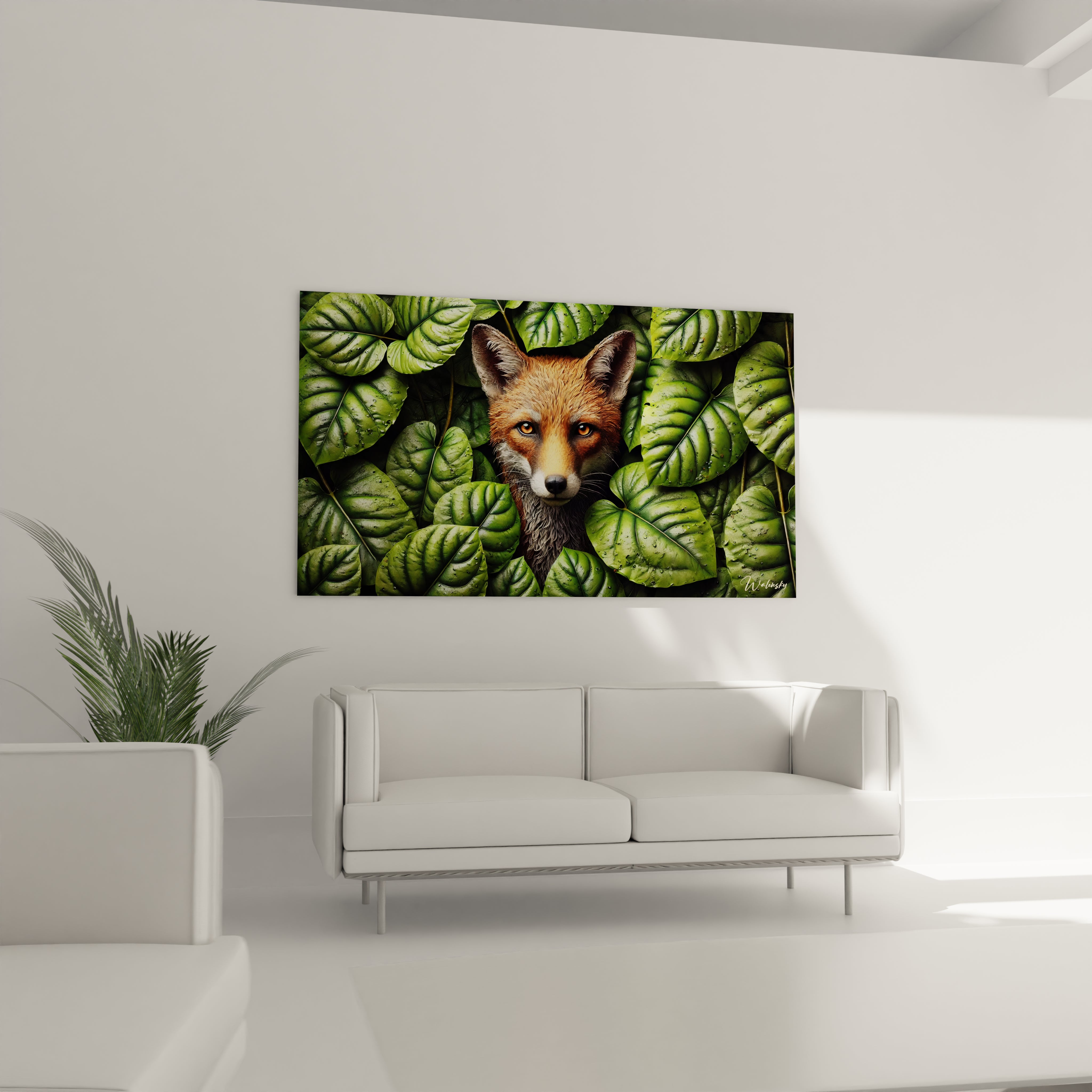 Le tableau renard trône au-dessus du canapé, embellissant le salon avec son réalisme et son intensité. La fourrure rousse de l’animal, en contraste avec le vert vif des feuilles, charme chaque visiteur.

