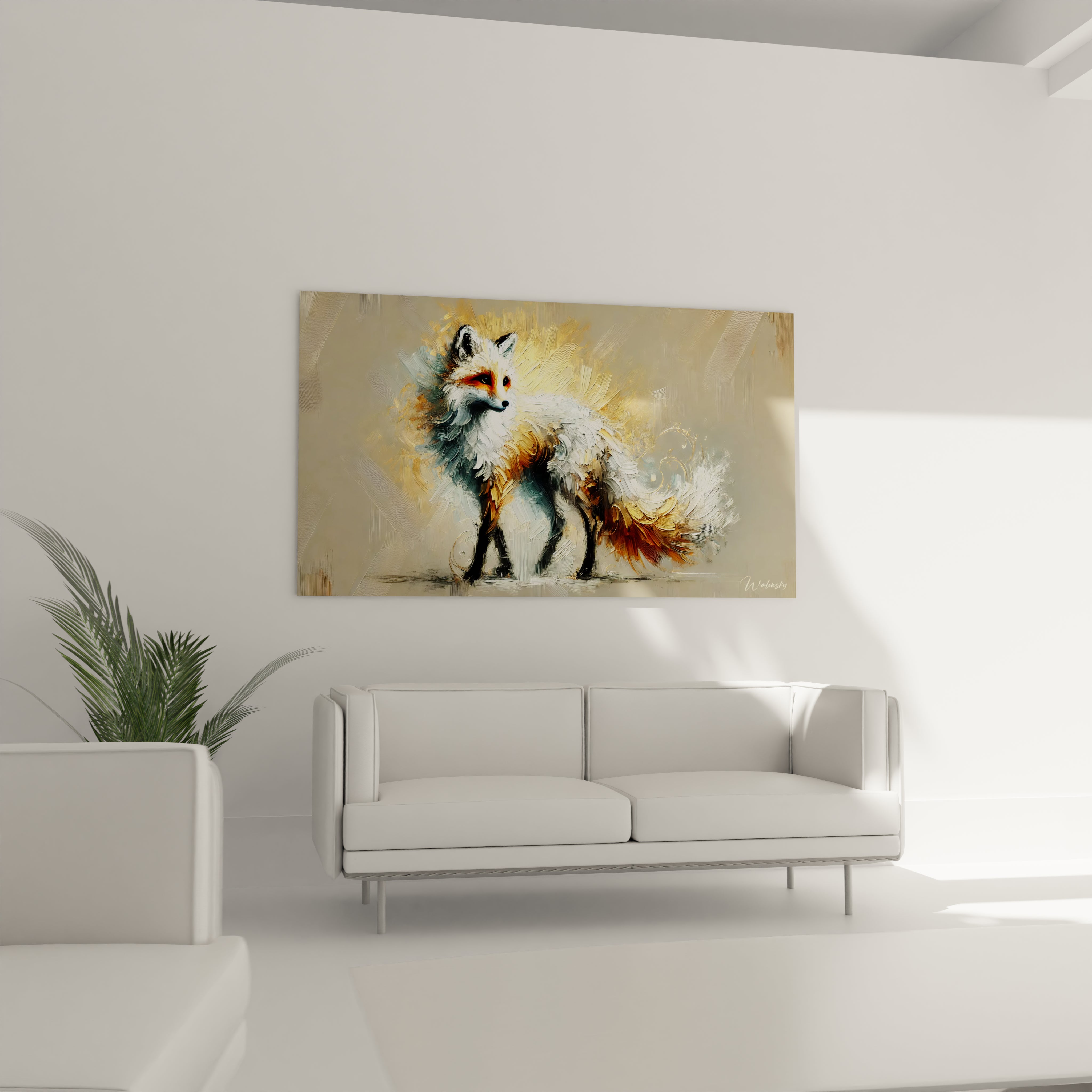 Dans le salon, ce tableau renard se démarque par son style moderne, créant un point focal captivant qui enrichit l'ambiance de votre espace de vie.

