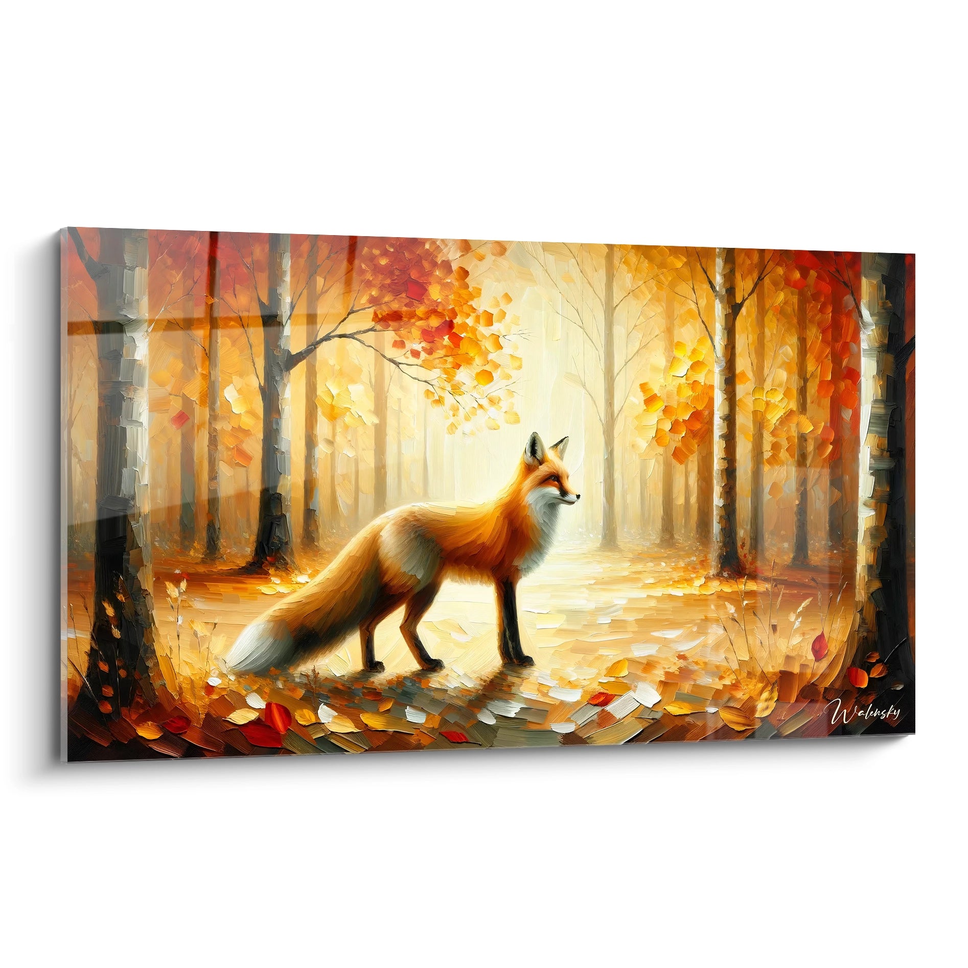 Ce tableau renard, avec sa scène automnale paisible, évoque la beauté de la nature. Les teintes de jaune et orange illuminent le décor, mettant en valeur le renard gracieux au centre.

