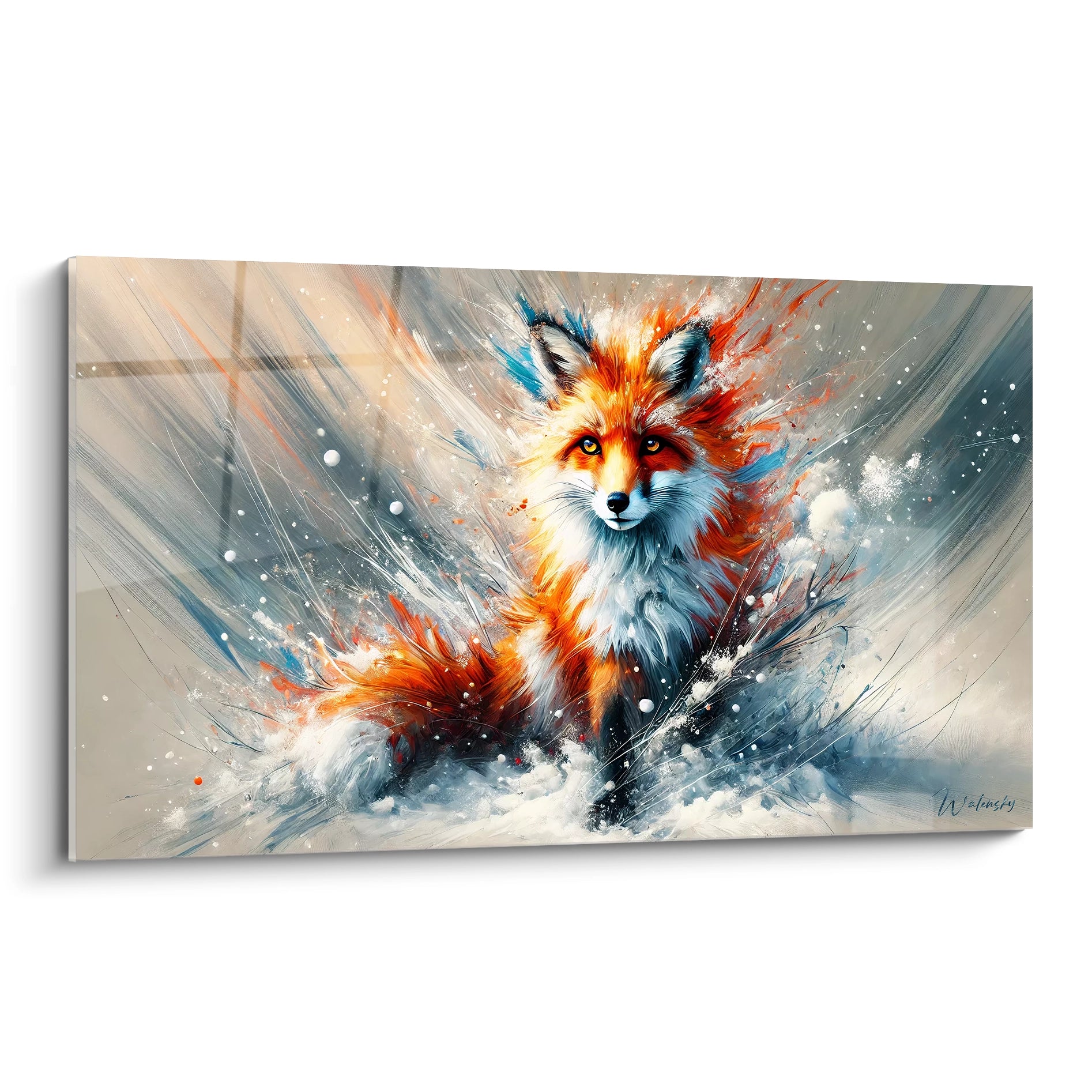 Ce tableau renard dépeint un renard vibrant d'énergie, au cœur d'une tempête visuelle. Son pelage flamboyant se démarque dans une composition dynamique, capturant un instant magique.

