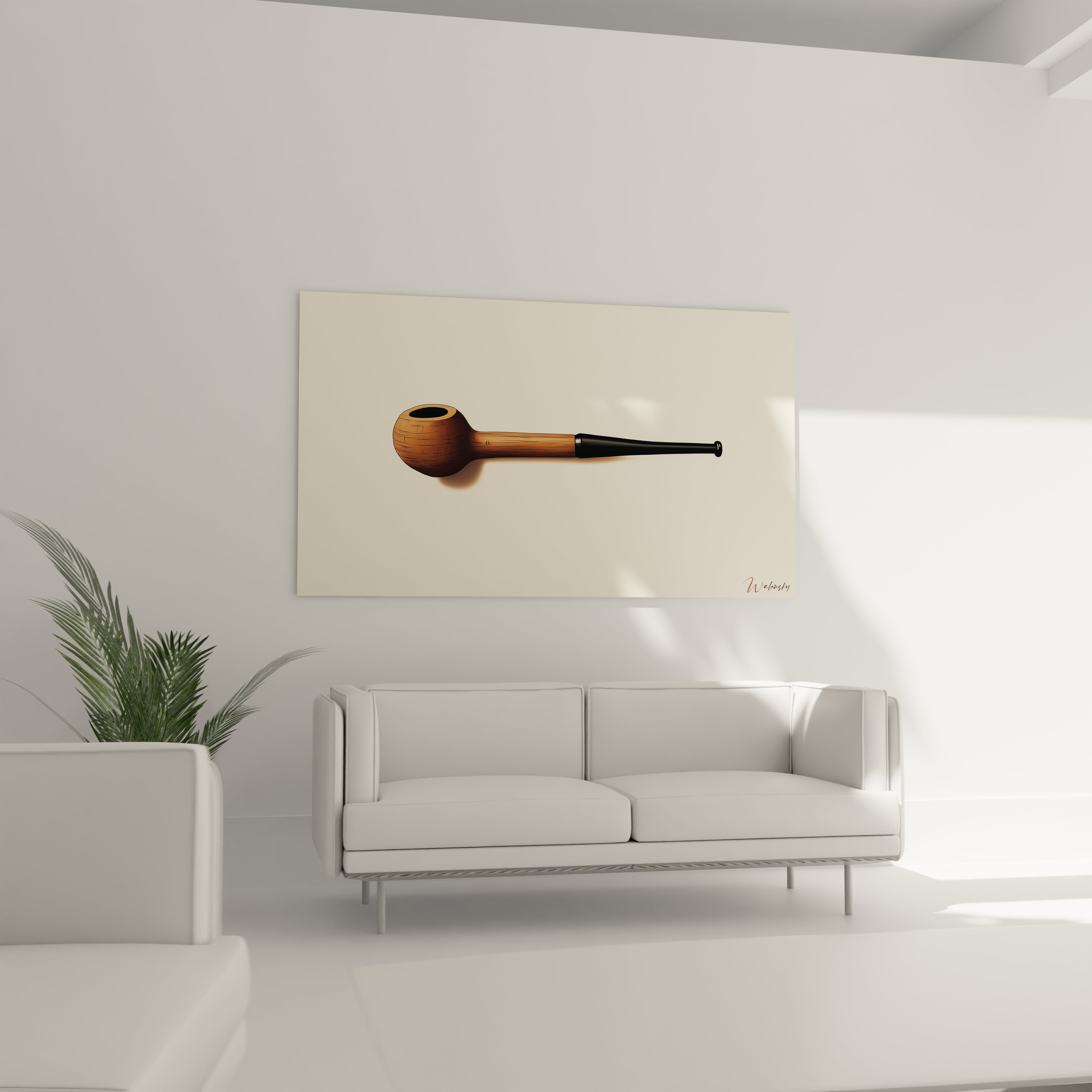 Un tableau René Magritte illustrant une pipe horizontale en bois foncé et noir, sur un fond beige épuré, avec une ombre douce apportant une illusion de profondeur.

