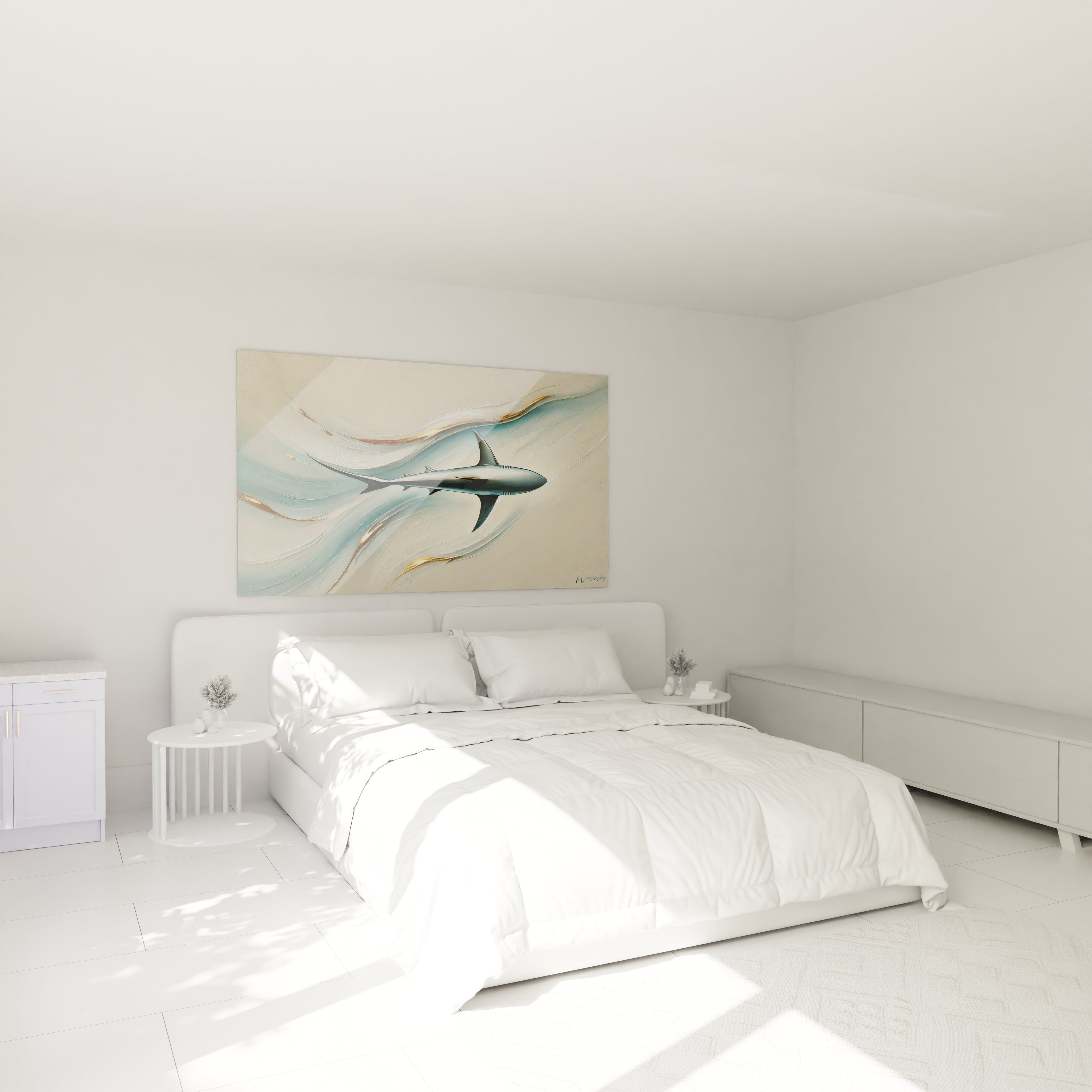 tableau requin suspendu dans une chambre au dessus du lit apportant une atmosphère apaisante grâce à son fond stylisé et ses vagues fluides parfait pour une décoration élégante et contemporaine

