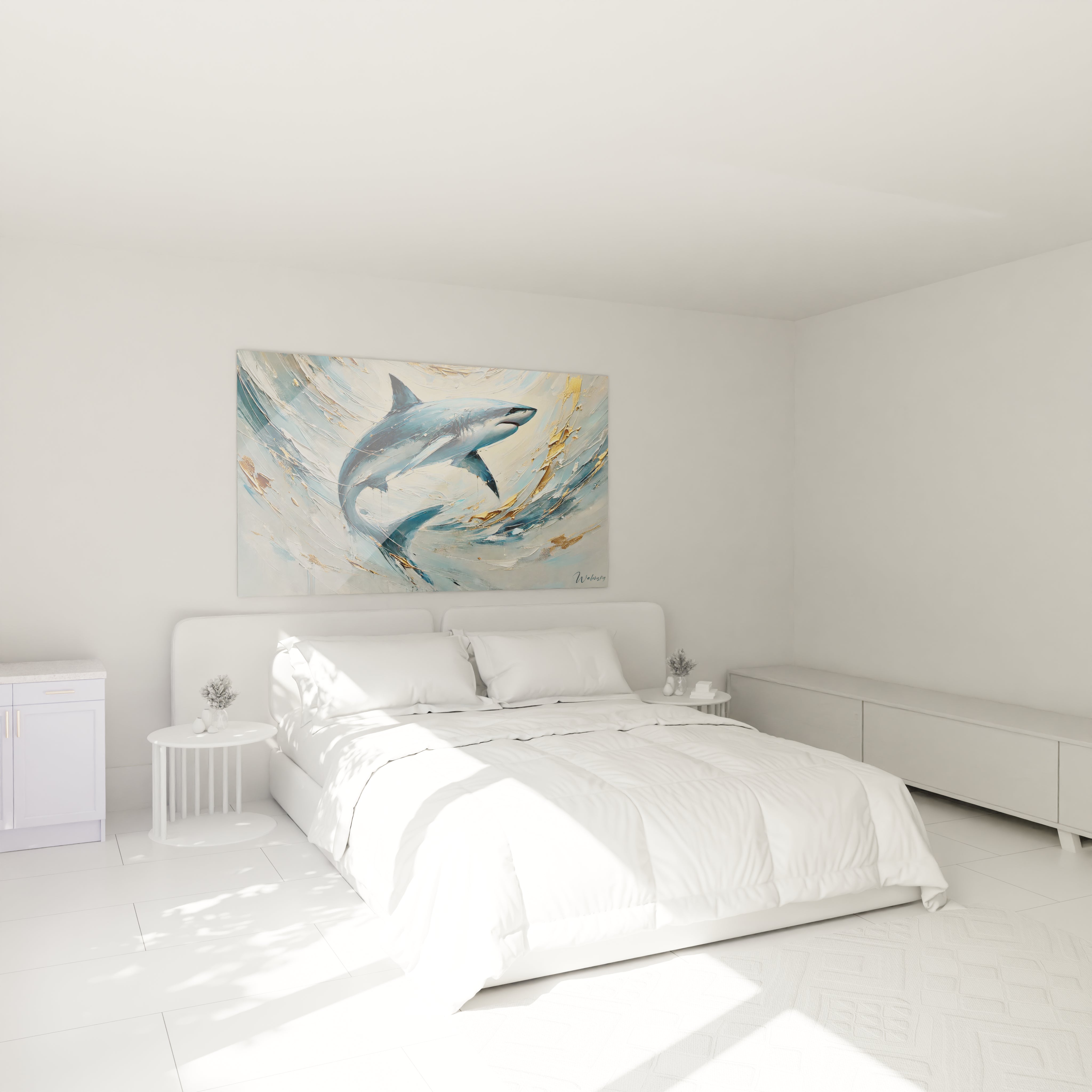 Ce tableau requin accroché au mur de la chambre insuffle une ambiance élégante et énergique grâce aux nuances de bleu or et blanc apportant raffinement et intensité.

