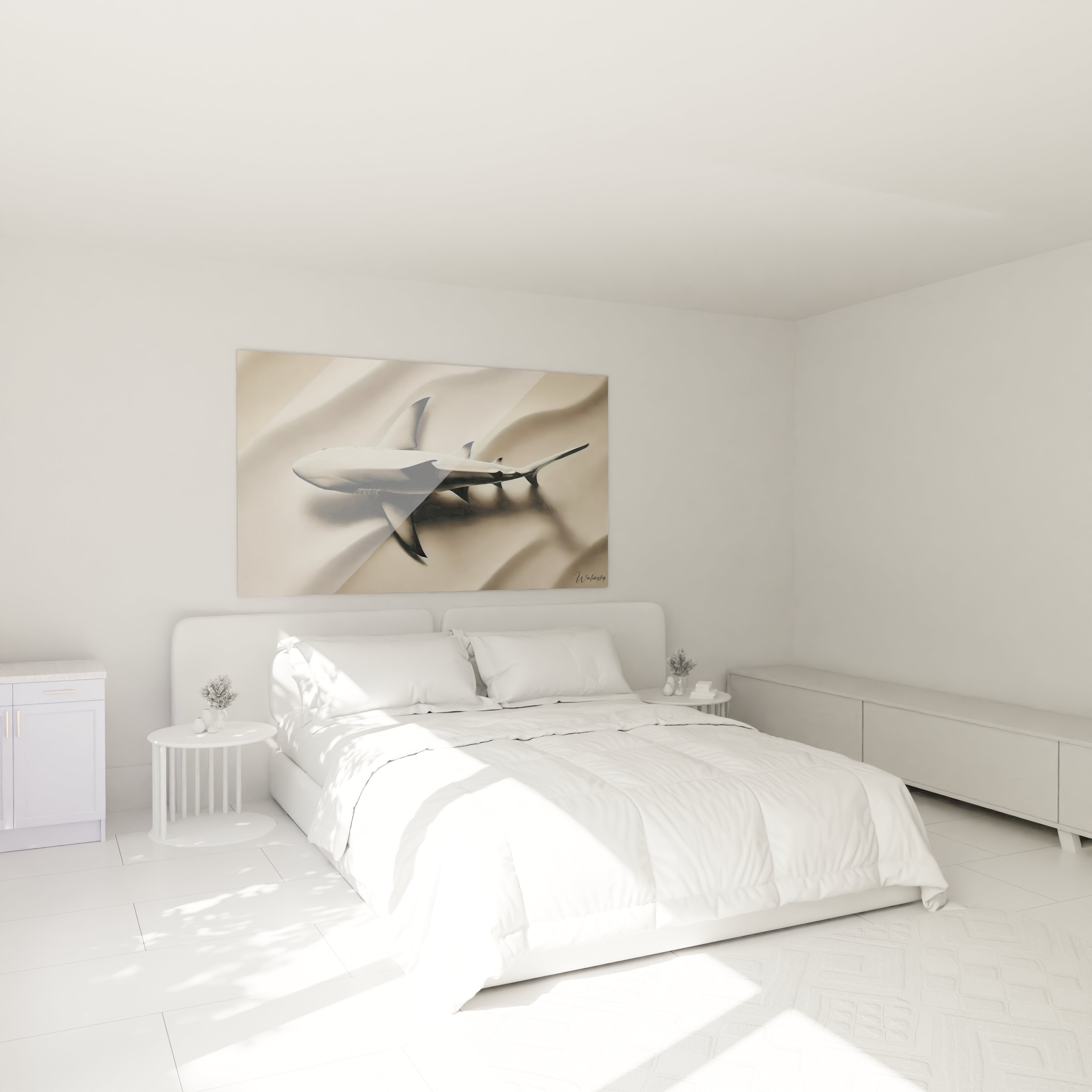 dans une chambre au dessus du lit tableau requin minimaliste apporte une ambiance zen et elegante ideal pour les espaces modernes silhouette sombre sur fond neutre sublime votre interieur

