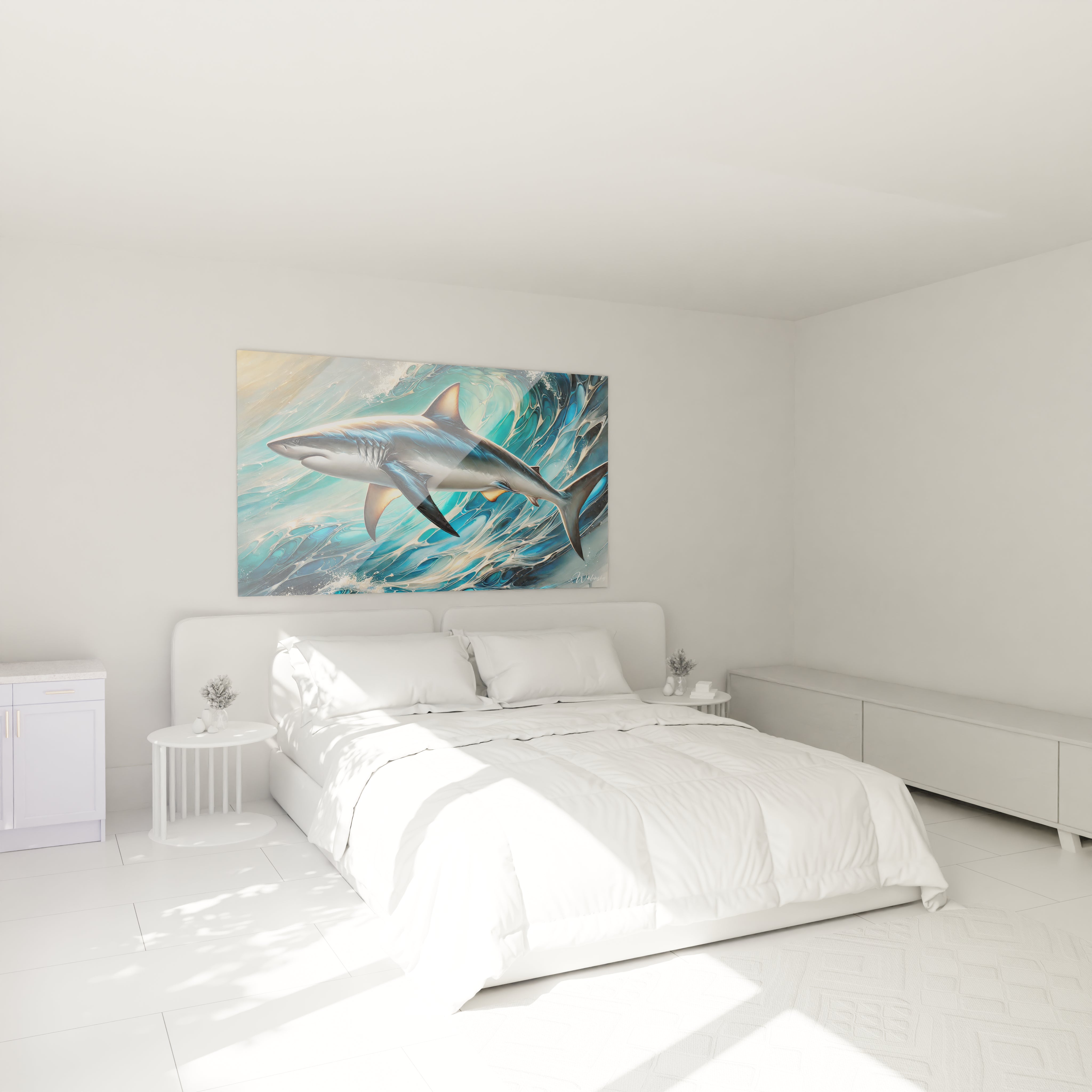 Dans une chambre le tableau requin au-dessus du lit ajoute une touche aquatique puissante grace a ses nuances de bleu profond or et marine parfait pour instaurer une atmosphere unique

