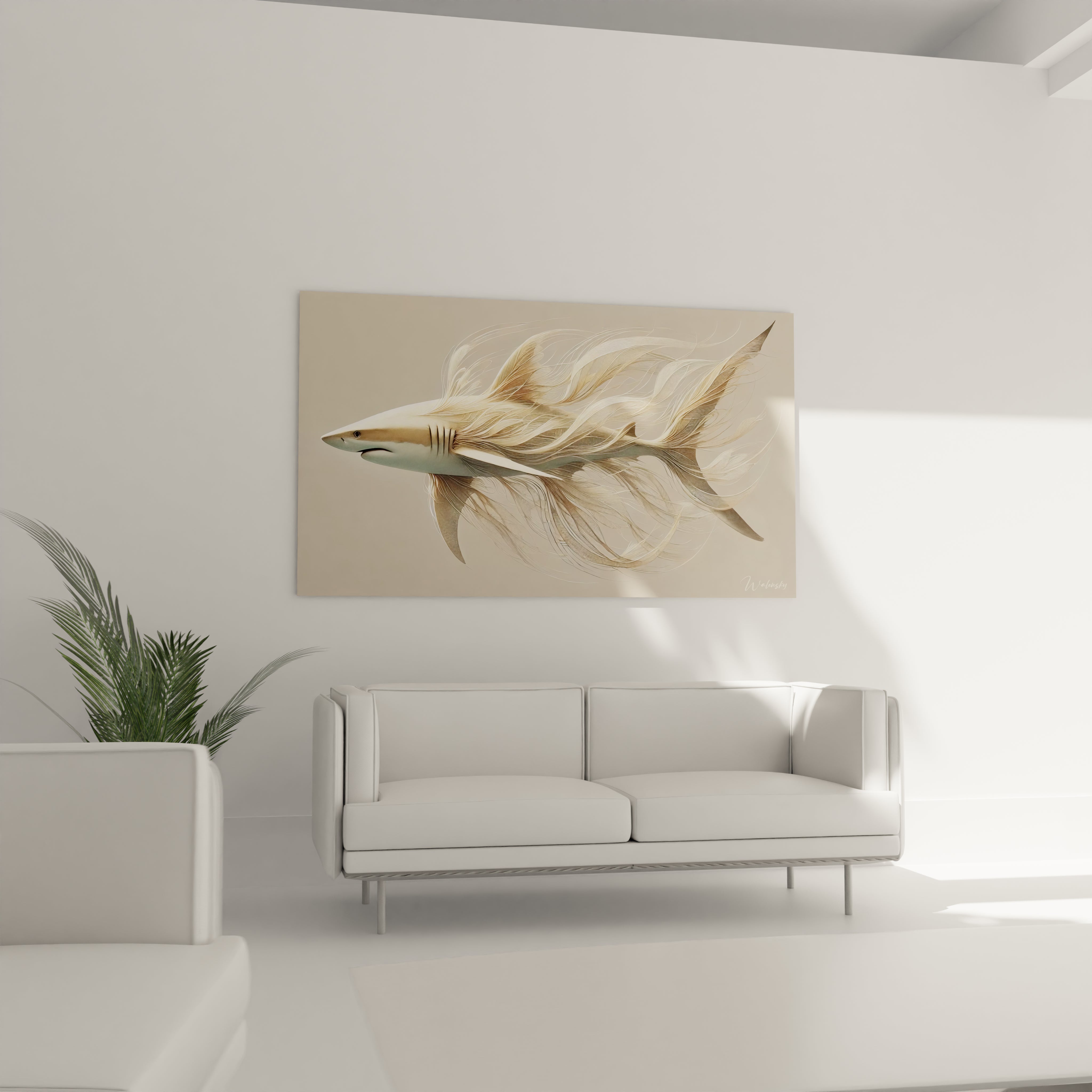 tableau requin surplombant un canapé dans un salon design contemporain douceur beige et gris offrant une presence apaisante et originale pour une deco elegante

