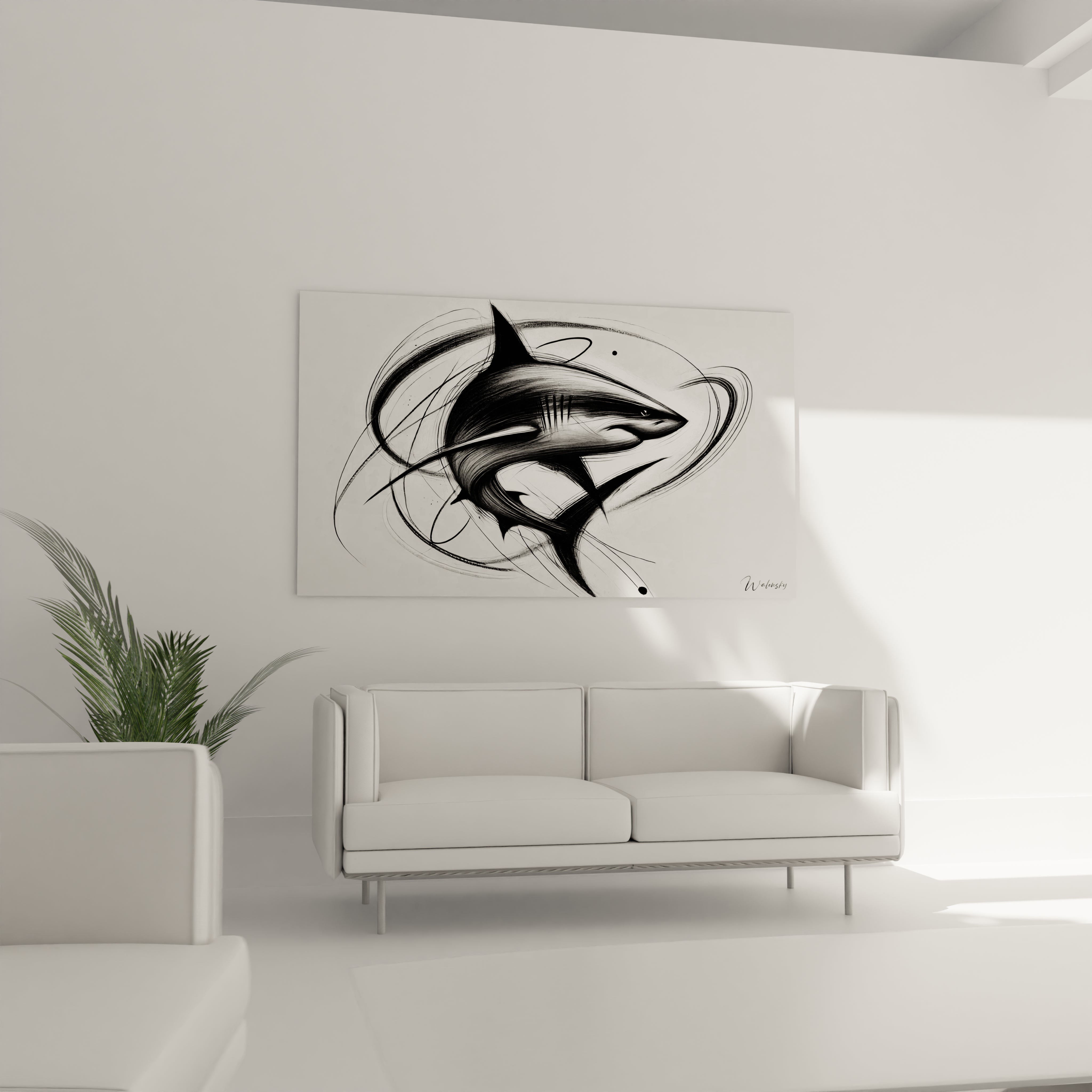 Accroche au-dessus du canape ce tableau requin en noir et blanc apporte du dynamisme au salon Sa silhouette impose une presence artistique captivante et contemporaine

