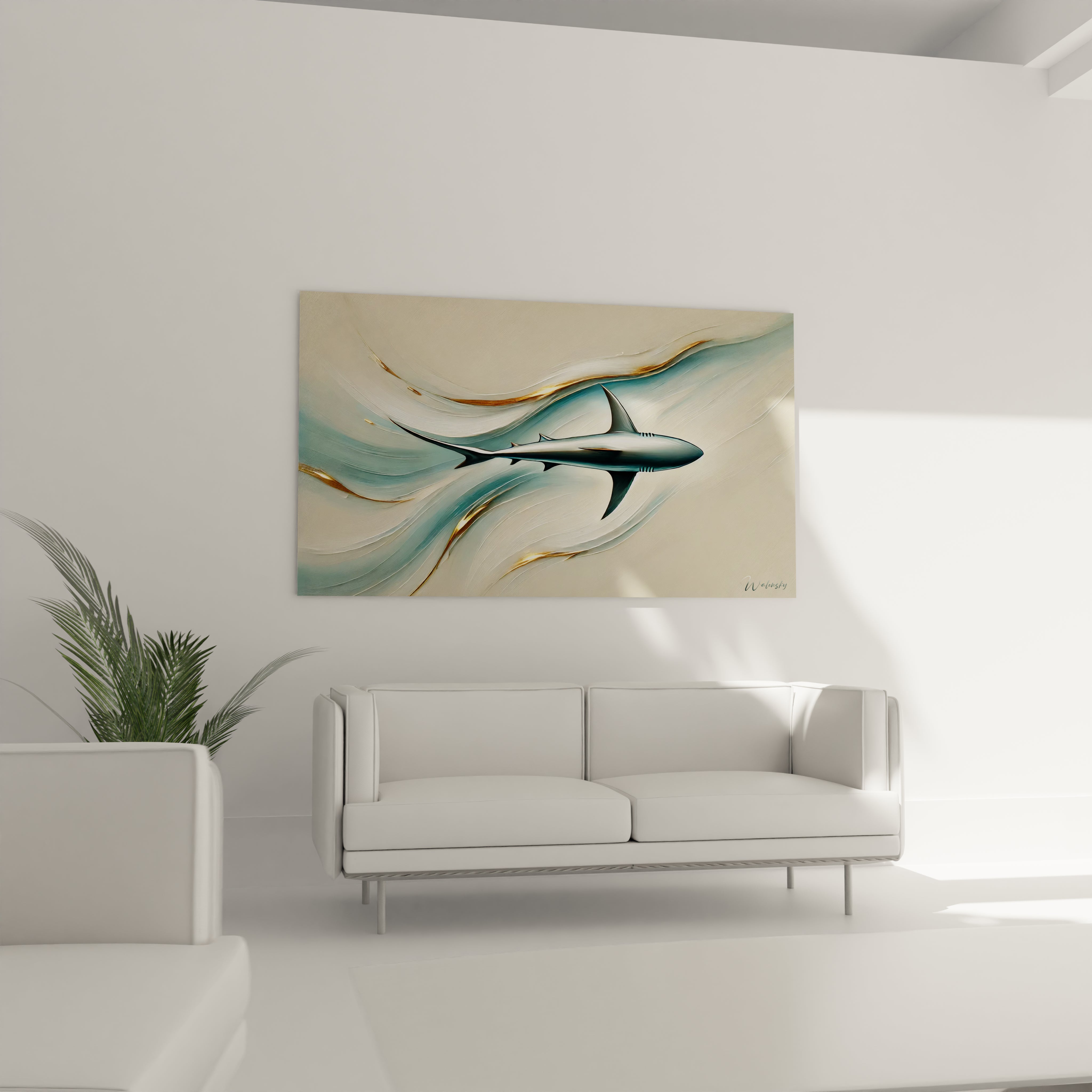 tableau requin au dessus d un canapé dans un salon moderne le requin stylisé et les vagues dorées créent un point focal captivant ajoutant une touche océanique à la pièce sans clichés marins

