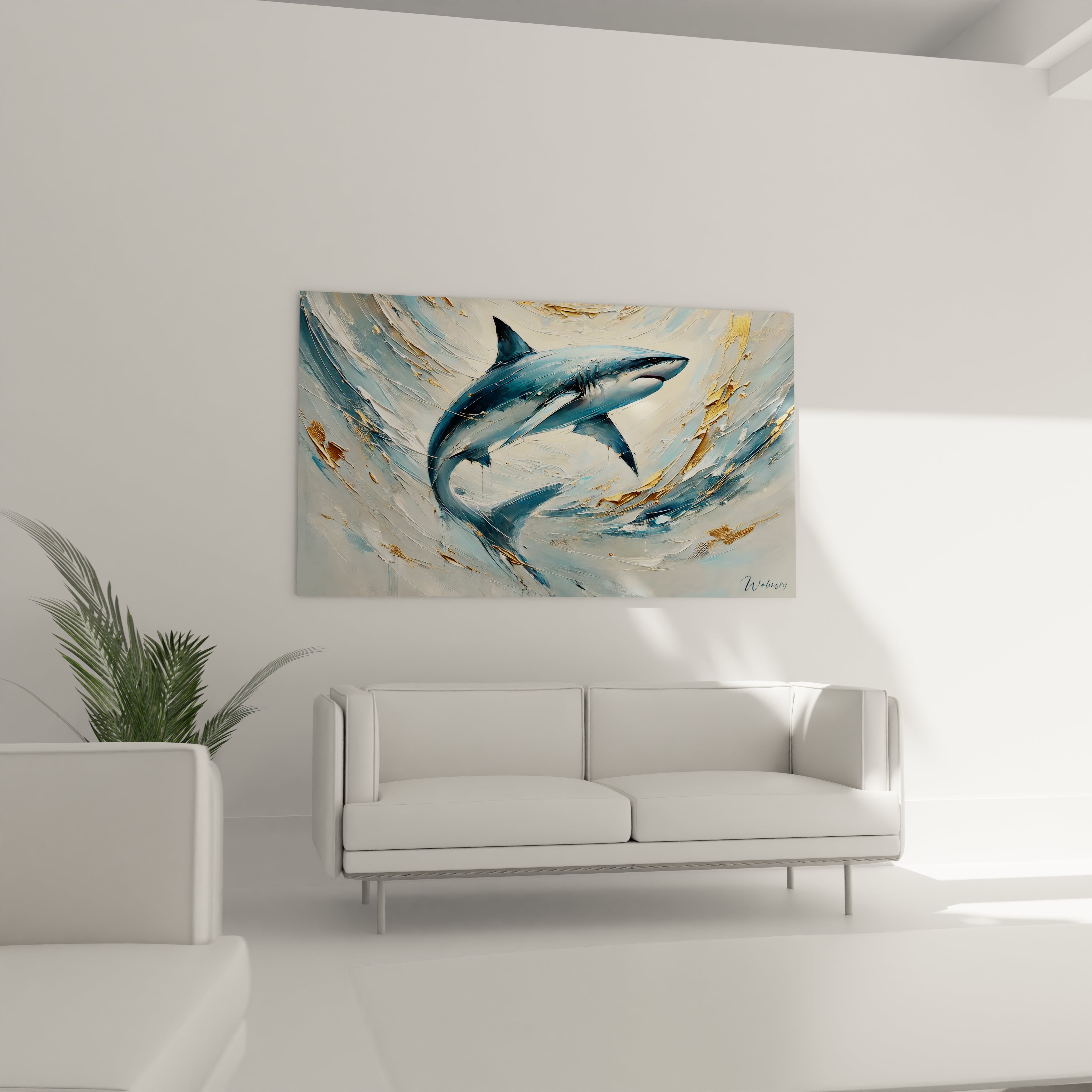 Dans le salon au-dessus du canapé ce tableau requin devient un point focal captivant avec ses touches dorées et ses teintes marines evoquant la force et la profondeur de l ocean.

