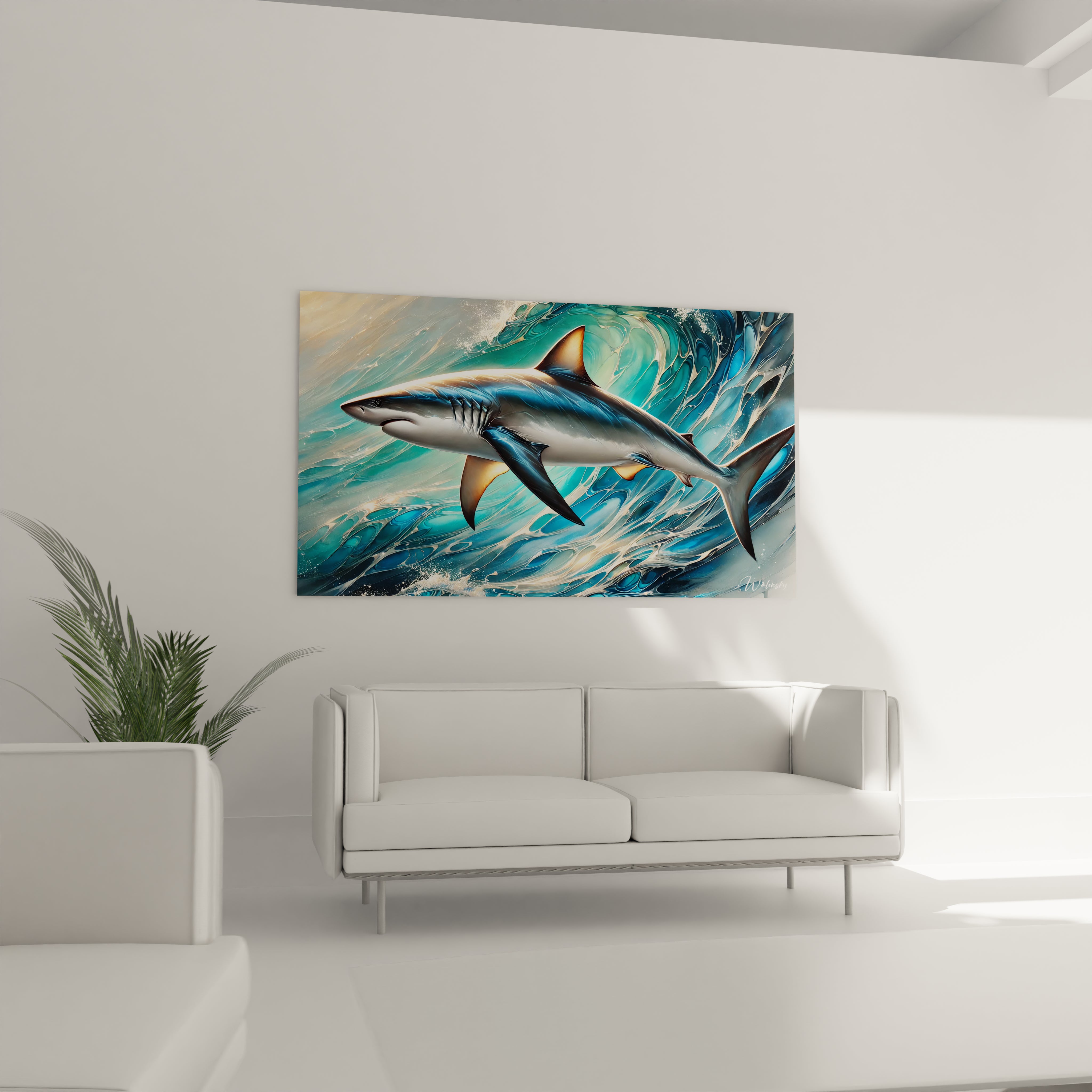 Dans le salon ce tableau requin au-dessus du canapé inspire une energie naturelle et captivante avec des vagues tourbillonnantes et des couleurs vibrantes rappelant la force de l ocean

