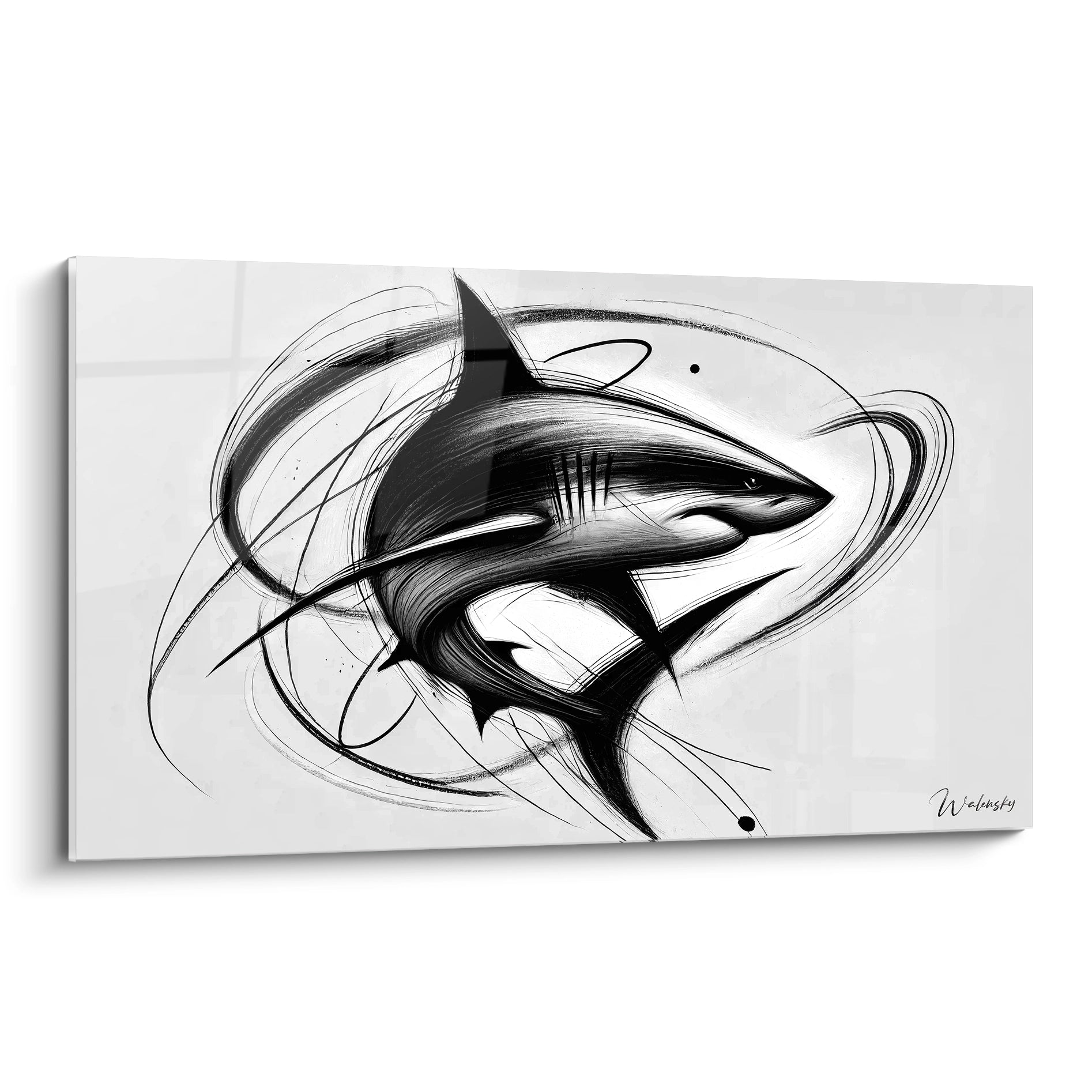 Tableau requin en vue de biais mettant en valeur son style minimaliste et audacieux Parfait pour un decor moderne et puissant avec un effet visuel hypnotisant noir et blanc

