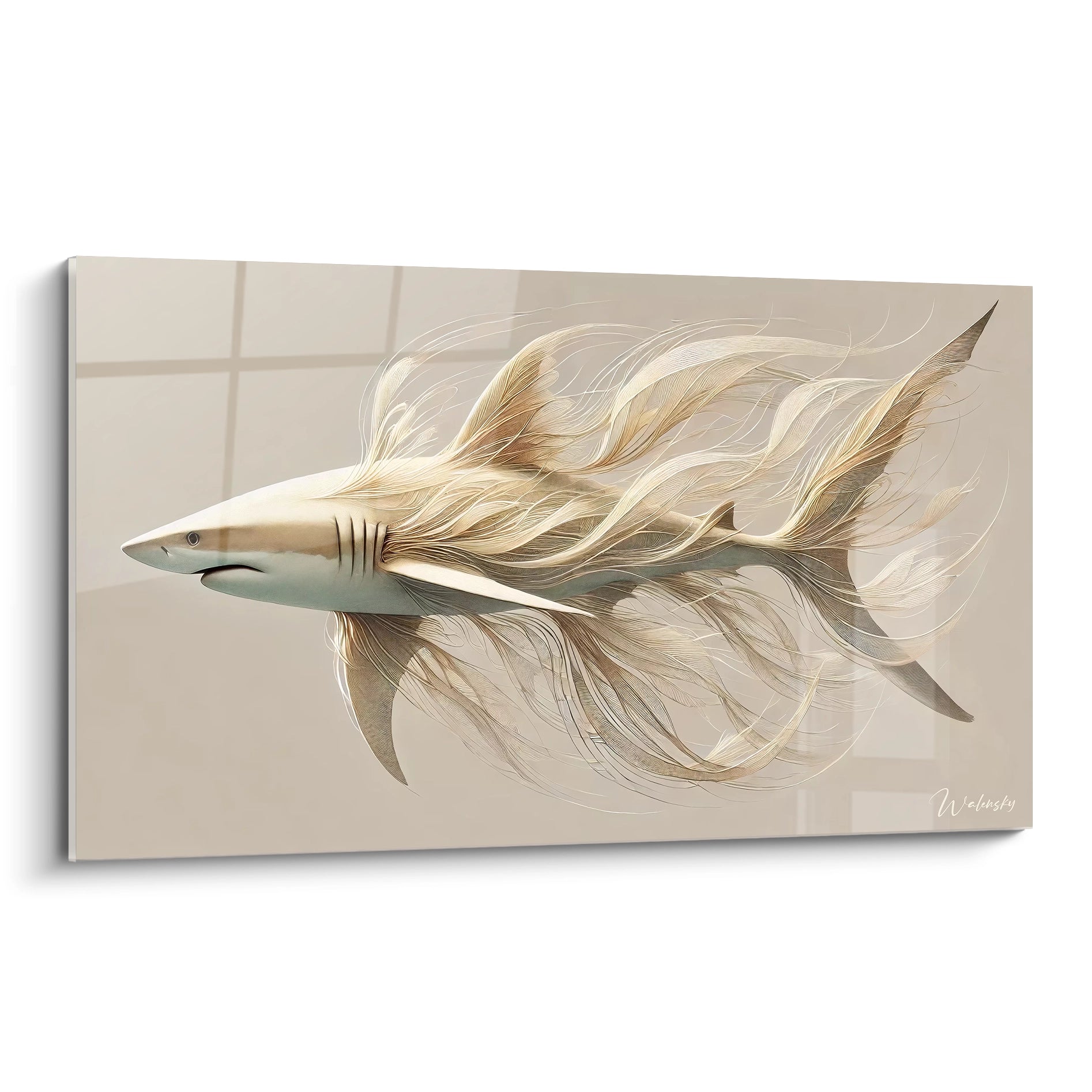 tableau requin au design ethéré vu de biais revelant la fluidité de ses lignes subtiles evoquant un requin en mouvement parfait pour un interieur moderne minimaliste

