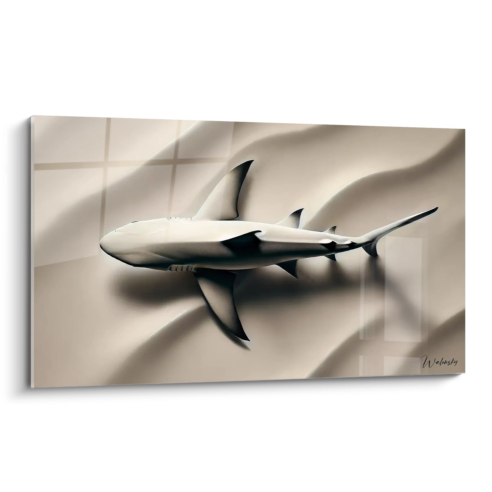 tableau requin de biais capturant l essence du predateur dans un style minimaliste epure parfait pour une deco sobre contraste des vagues subtiles et du requin puissant elegance assuree

