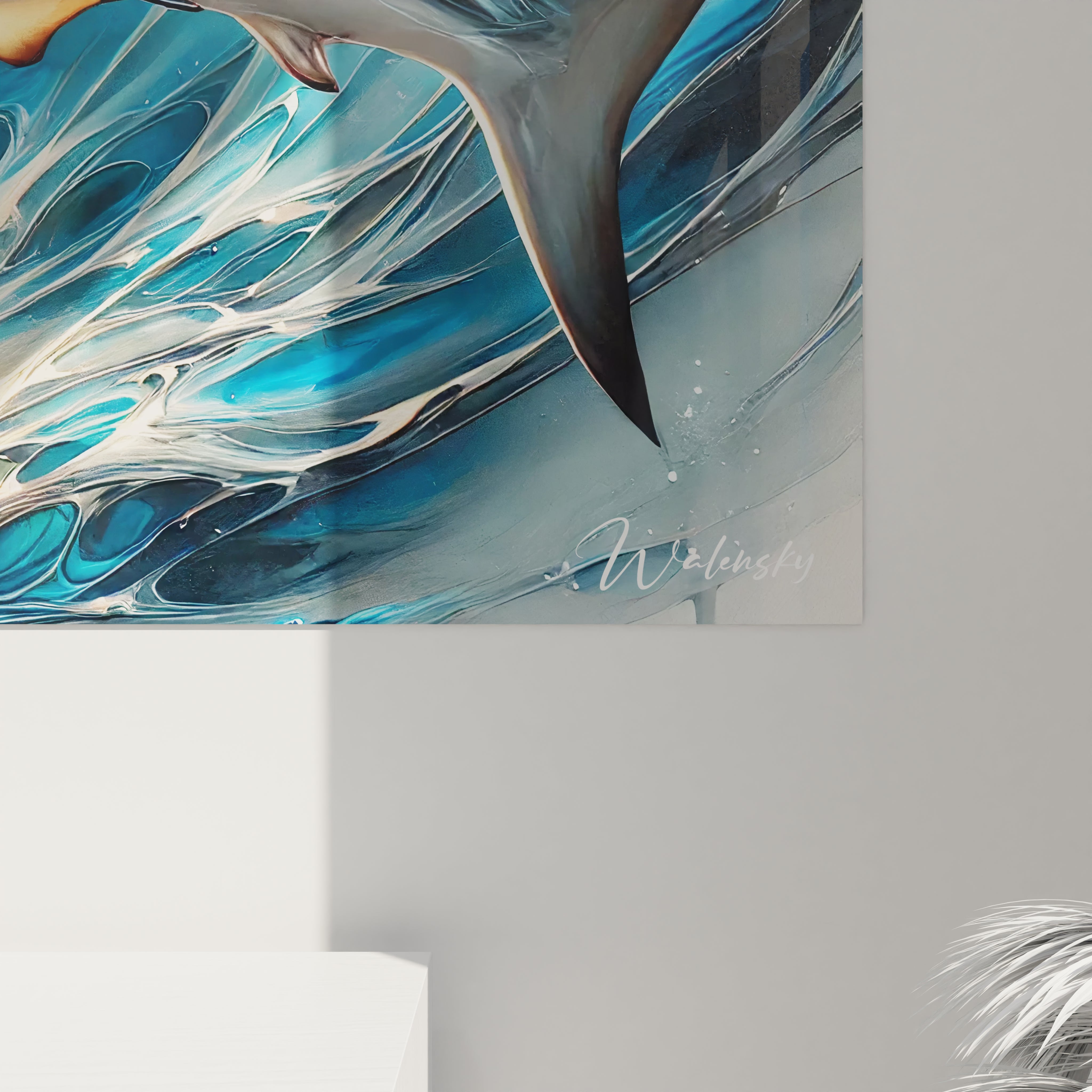 Vue de pres ce tableau requin revele des details impressionnants entre realisme et texture les ecailles et vagues plongent dans l’univers vibrant de l ocean






