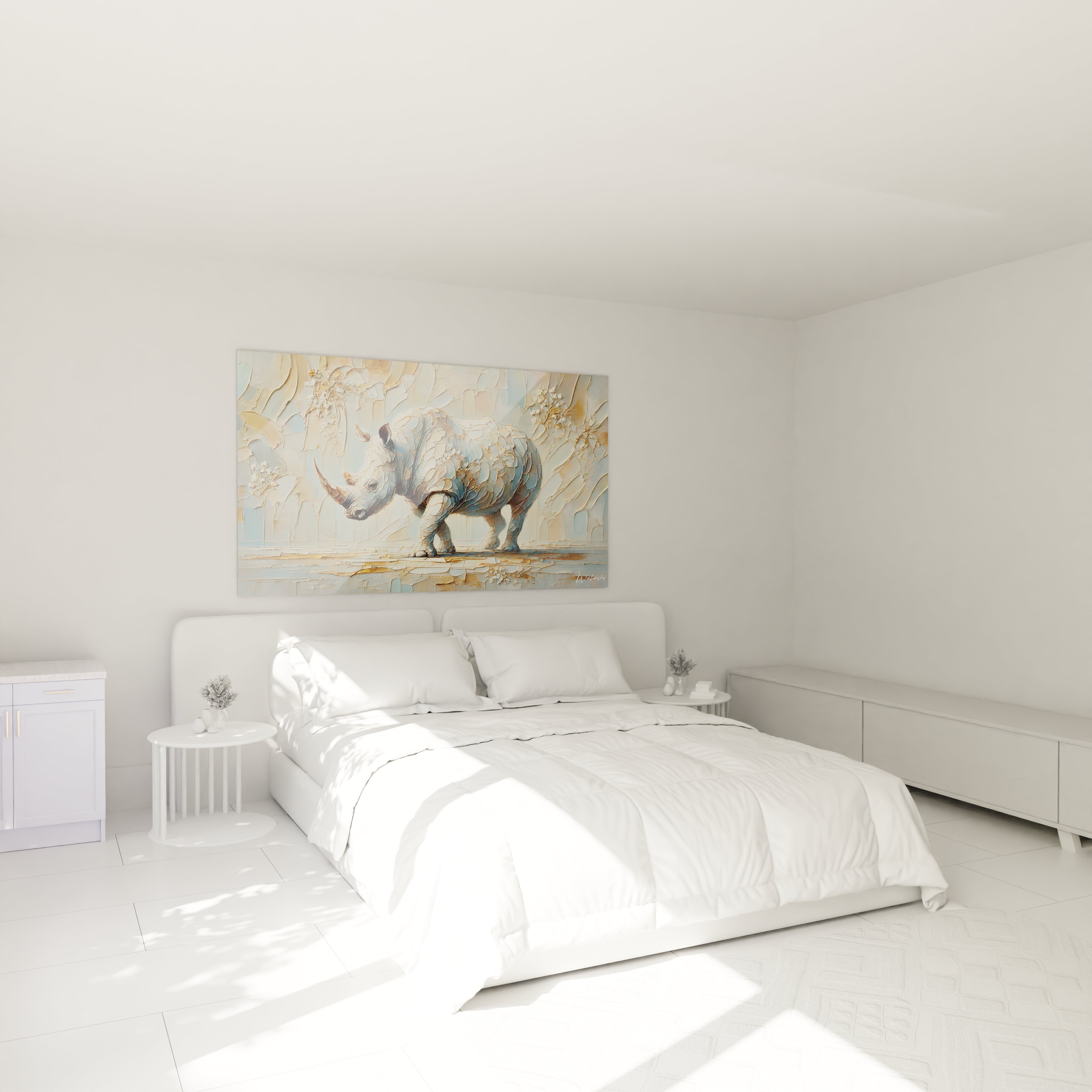 Admirez le tableau rhinoceros accroché au-dessus du lit dans cette chambre. Son design contemporain et sa palette douce apportent une touche d'élégance à votre espace.

