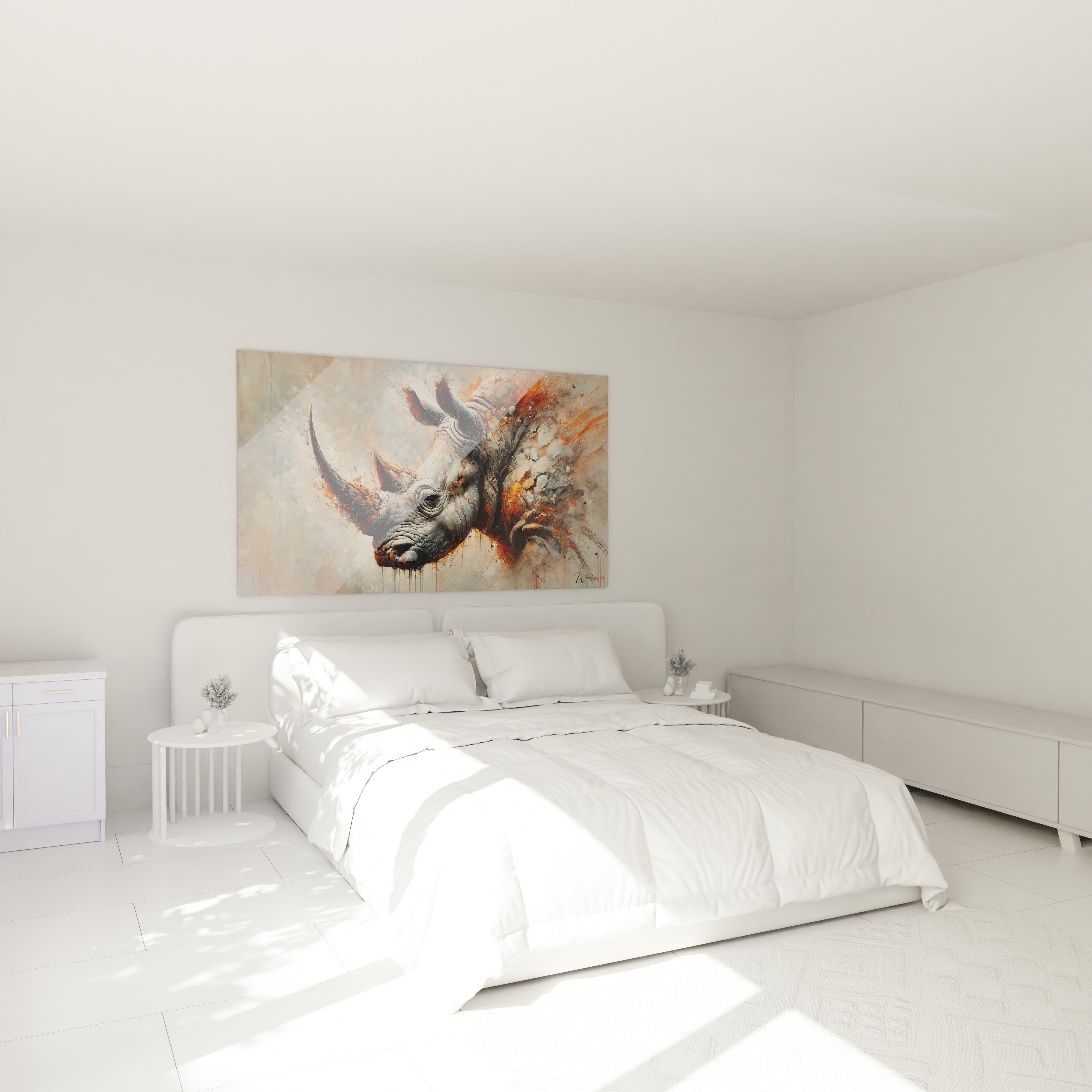 Transformez votre chambre avec ce tableau rhinocéros accroché au-dessus de votre lit, apportant une touche d'énergie brute et de couleur à votre espace de repos.

