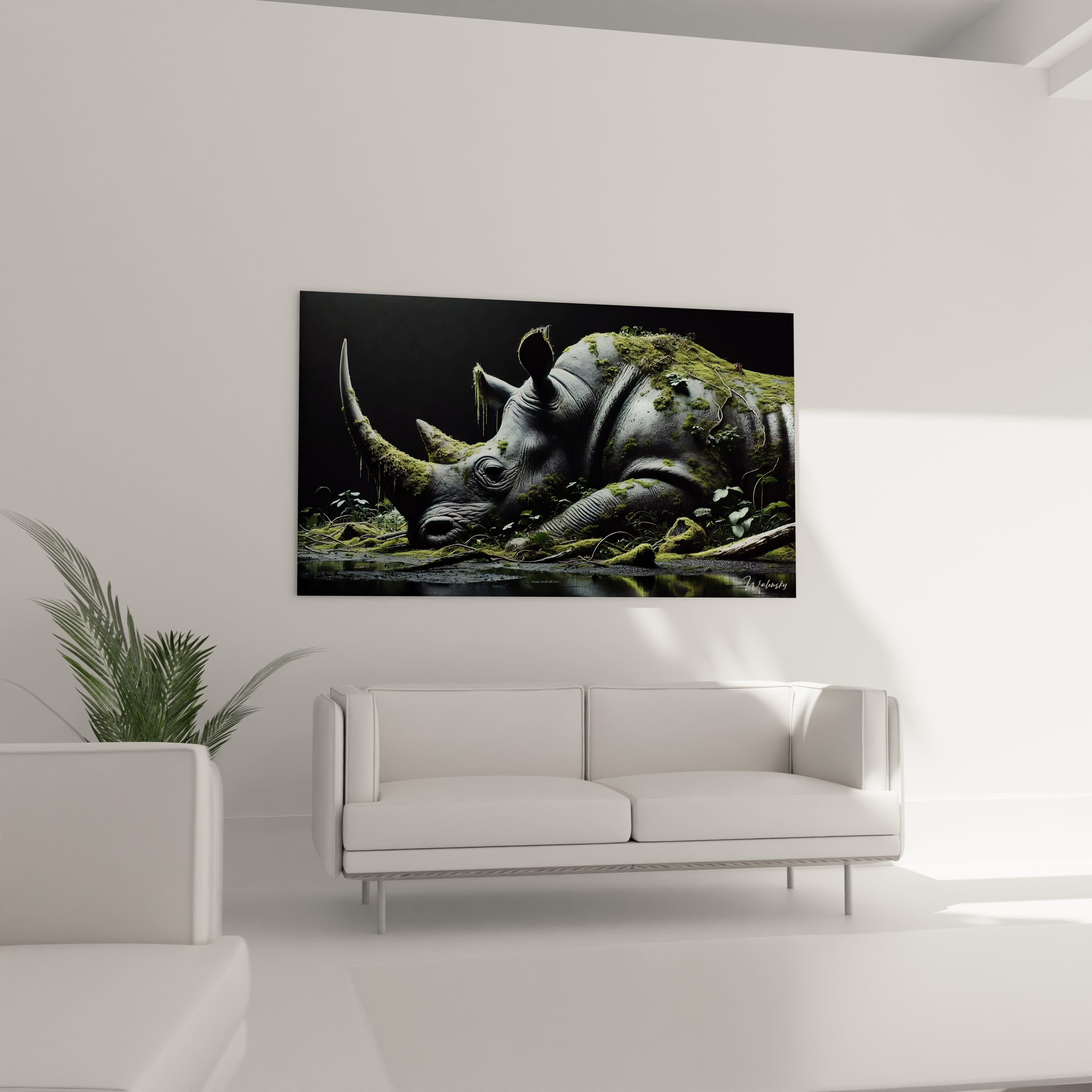 tableau rhinoceros, parfait au-dessus d'un canapé, il évoque la force paisible de la nature. Ses couleurs riches et son réalisme poétique apportent une atmosphère contemporaine et chaleureuse à votre salon.

