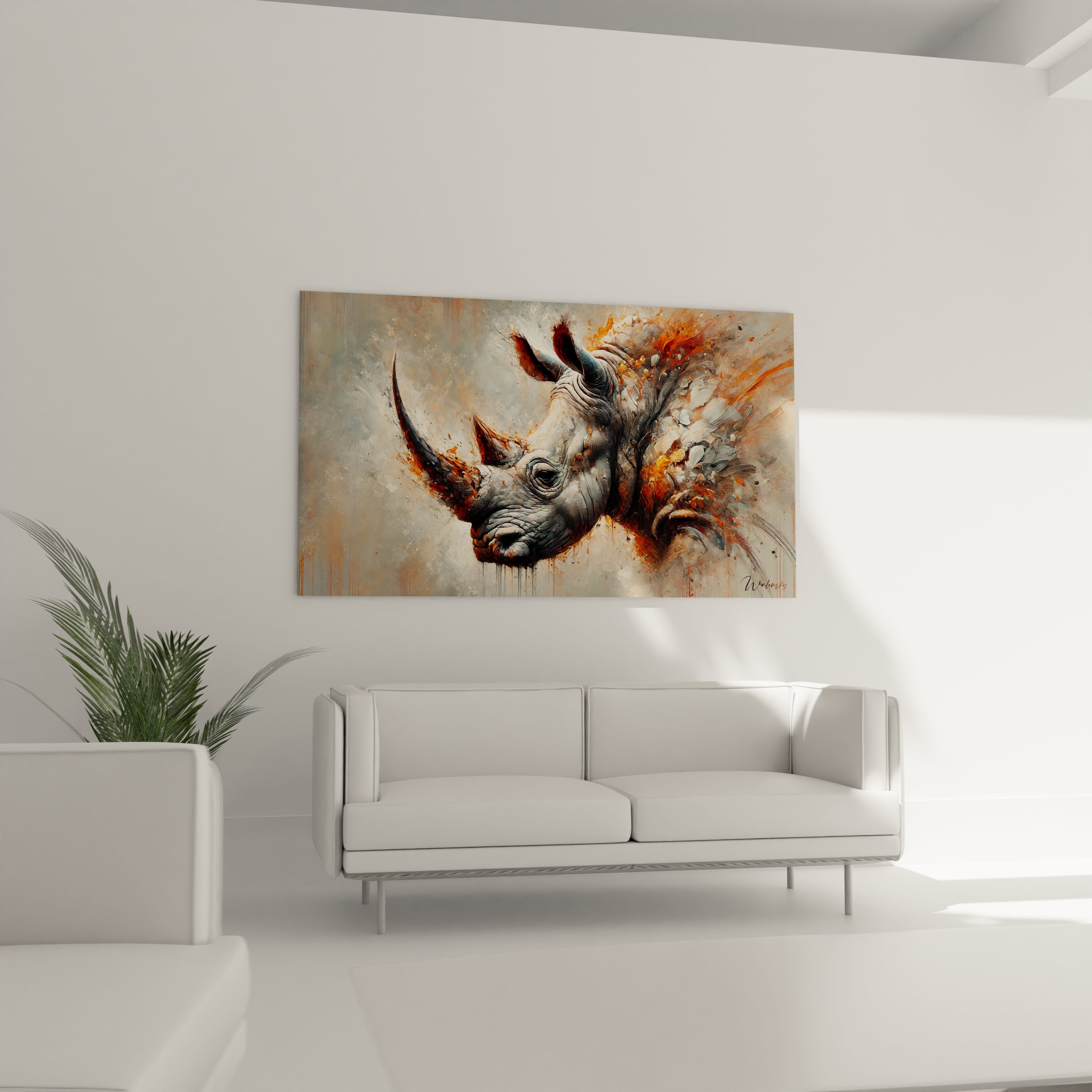 Apportez du caractère à votre salon avec ce tableau rhinocéros, placé au-dessus de votre canapé, alliant réalisme et abstraction pour une ambiance dynamique et inspirante.

