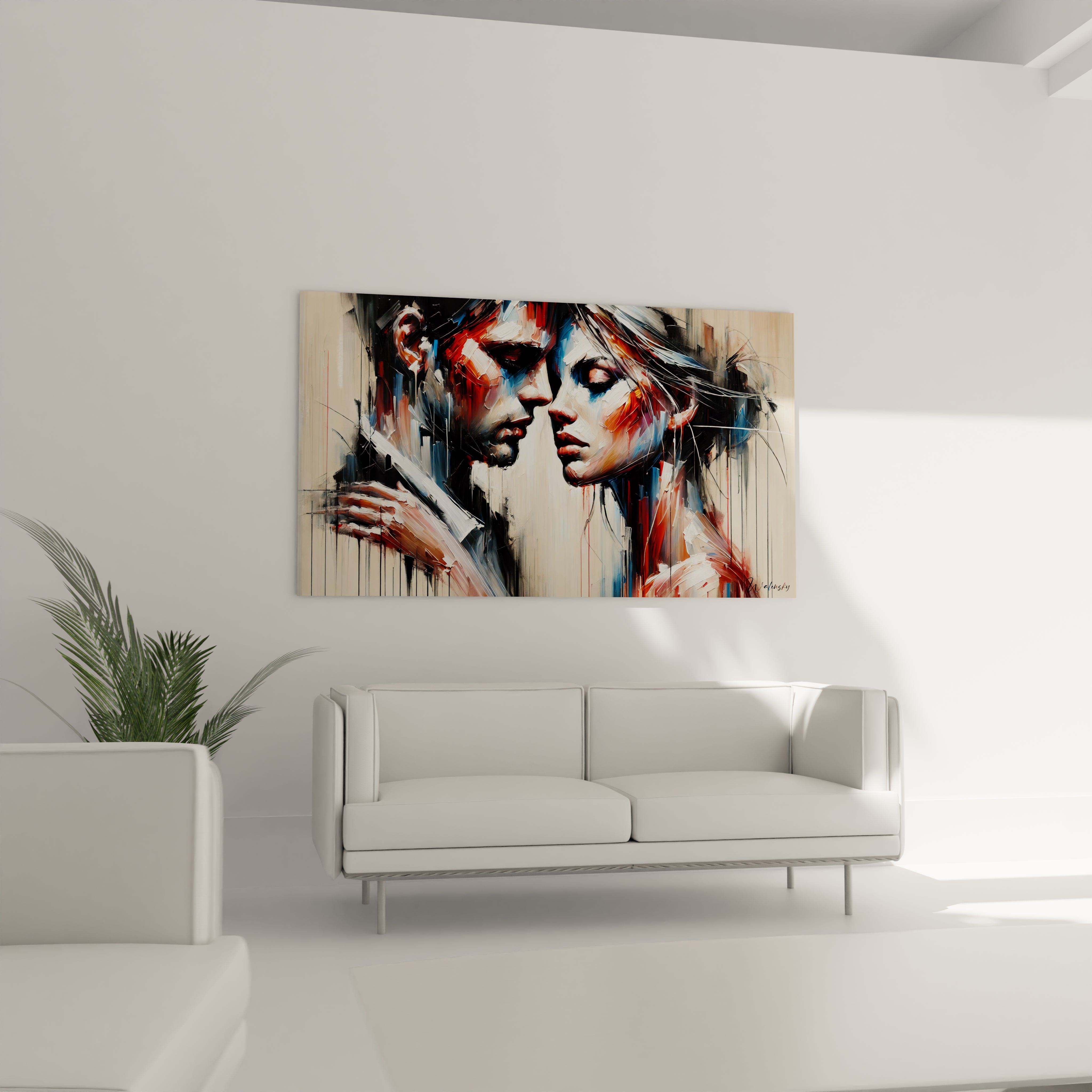 Ce tableau romantique au dessus du canapé transforme votre salon en un espace captivant. Son melange de couleurs et d'emotions attire le regard et inspire la contemplation.

