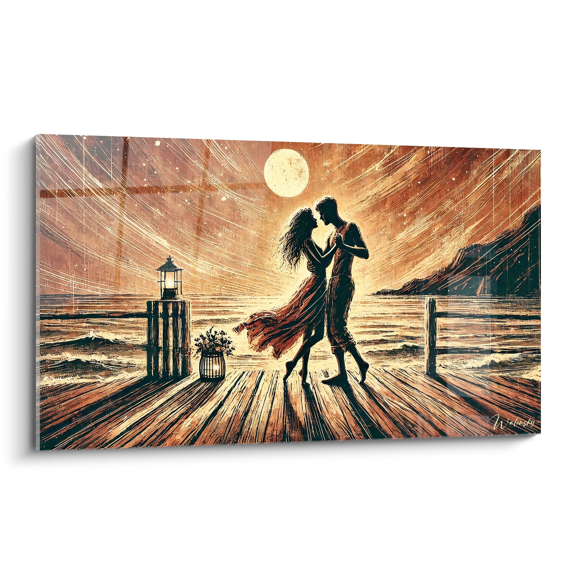 Vue de biais : tableau romantique aux tons bronze et beige. Un couple danse sous la lune et les étoiles, une vision poétique parfaite pour une ambiance chaleureuse et intime.

