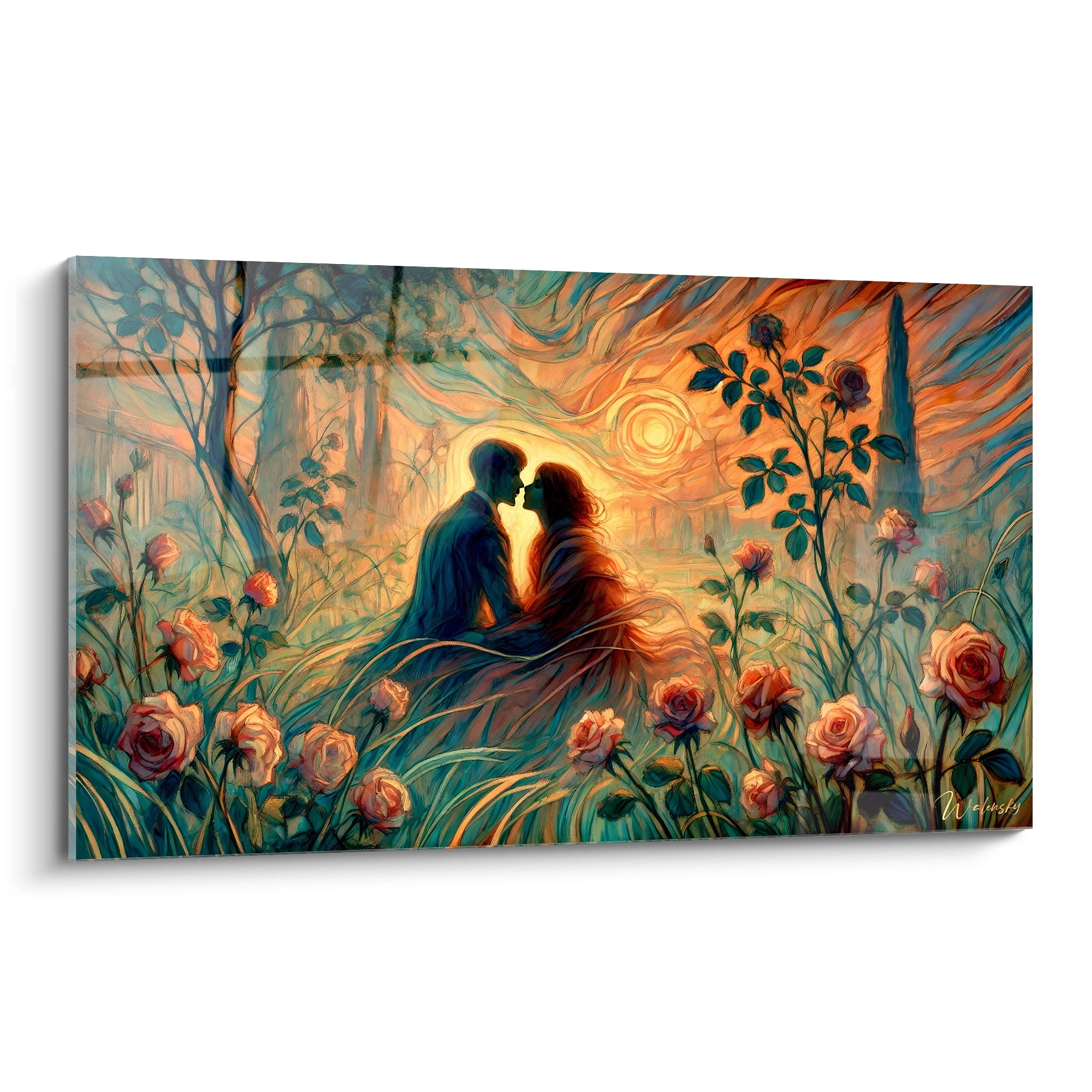 Tableau romantique vu de biais avec ses tons doux de bleu et d orange illumine votre interieur et evoque tendresse et serenite Un chef d oeuvre pour une ambiance apaisante et poetique

