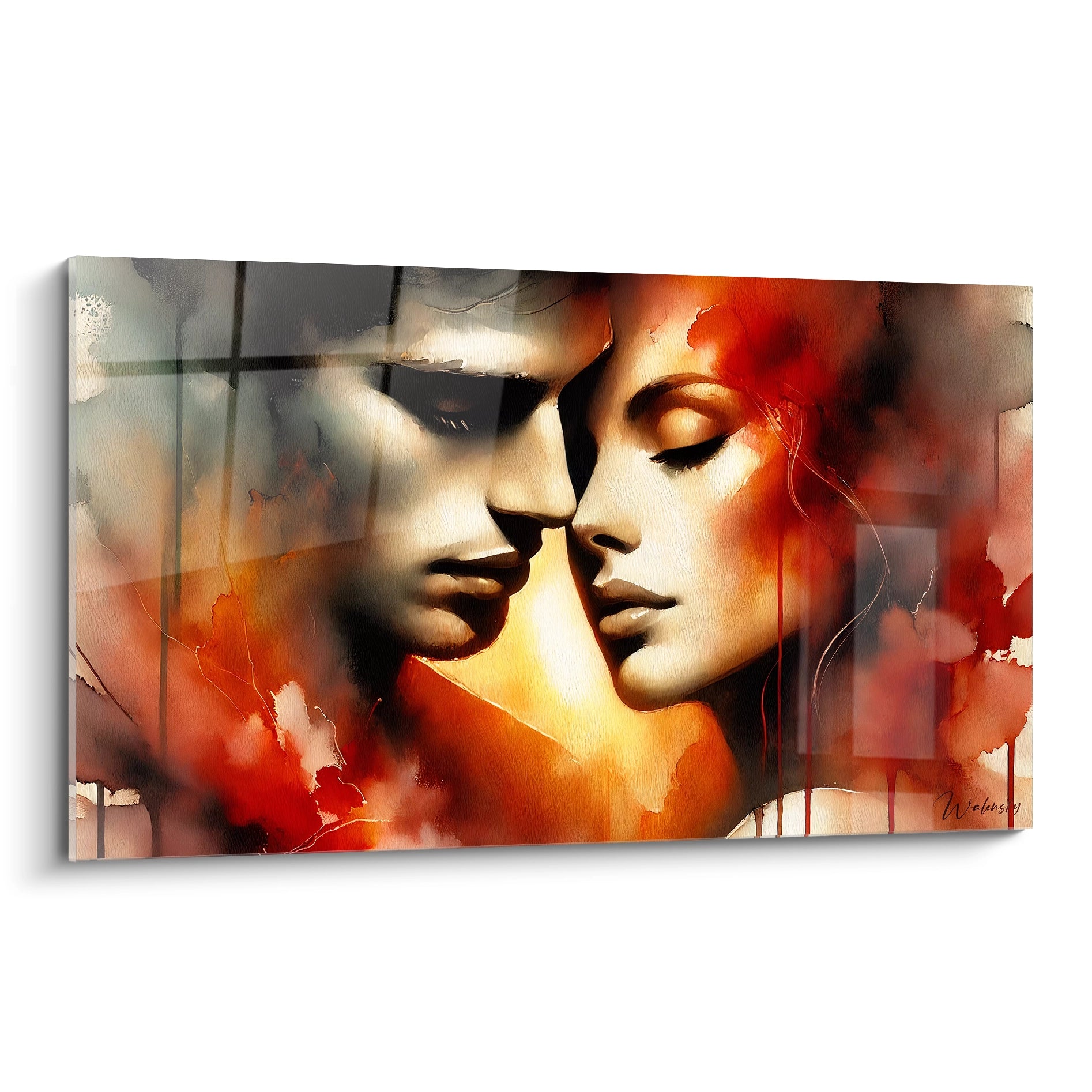 Tableau romantique vu de biais montrant des couleurs rouges et oranges intenses, capture la fusion des âmes et une connexion profonde, parfait pour une ambiance chaleureuse et contemporaine.

