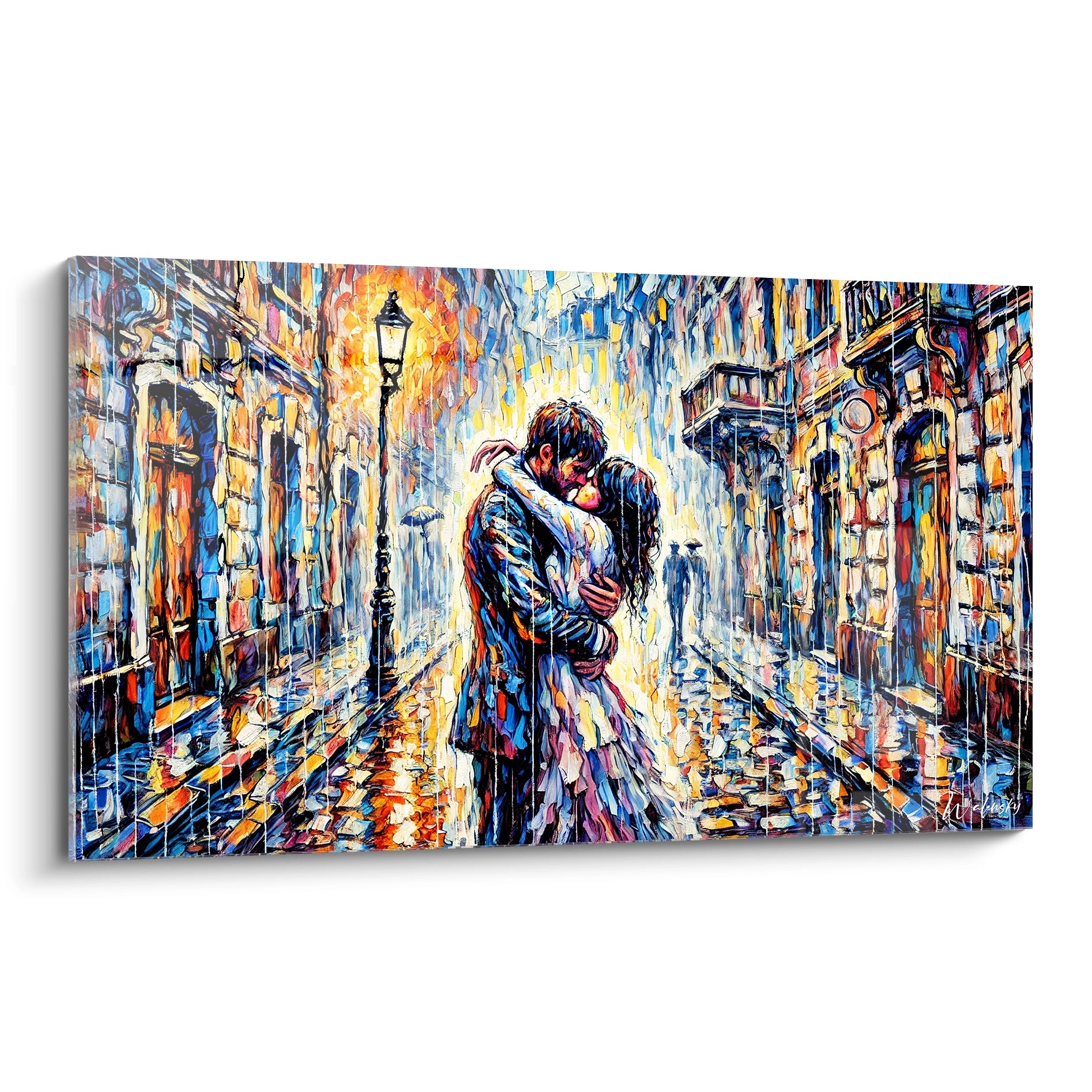 Vue de biais, ce tableau romantique illumine les émotions d'un couple sous la pluie, parfait pour enrichir votre espace avec une touche de tendresse et de couleurs vibrantes.

