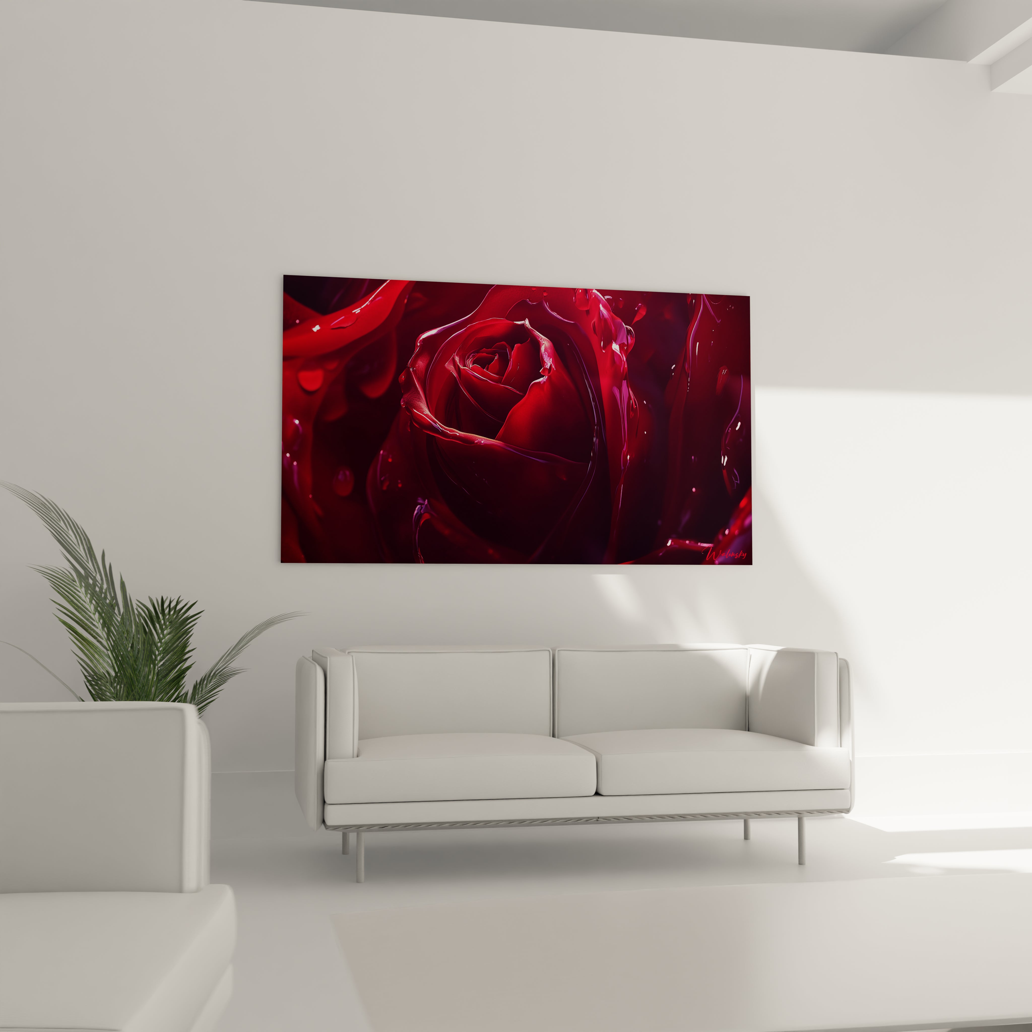 Un tableau rose nature détaillant une rose en rouge profond, avec des ombres noires et des reflets bronze, mettant en avant des textures fluides et un effet miroitant sur les pétales.

