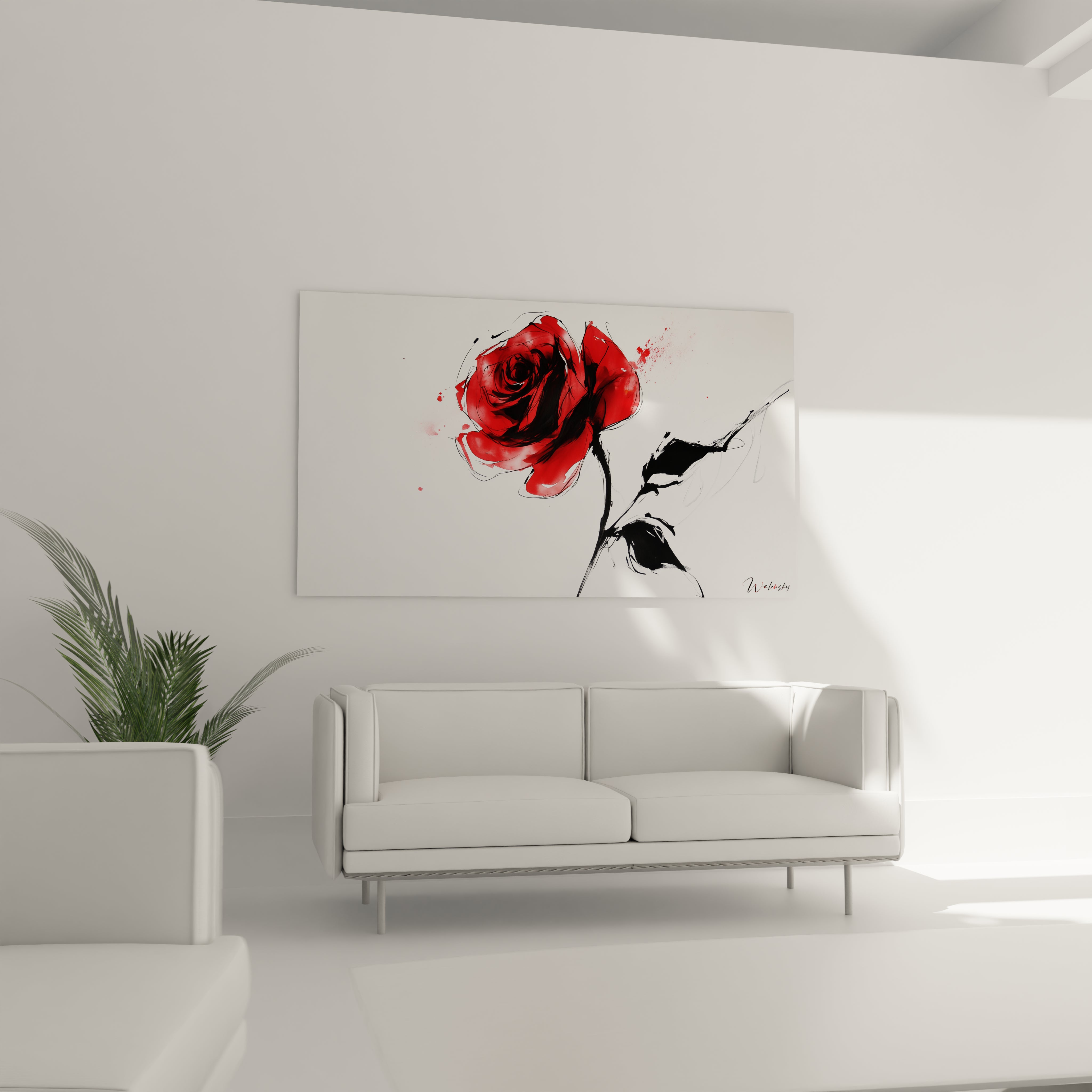 Un tableau rose nature mettant en scène une rose rouge éclatante, soulignée par des traits noirs et des formes épurées. Le fond blanc accentue les contrastes et la structure graphique de l’image.

