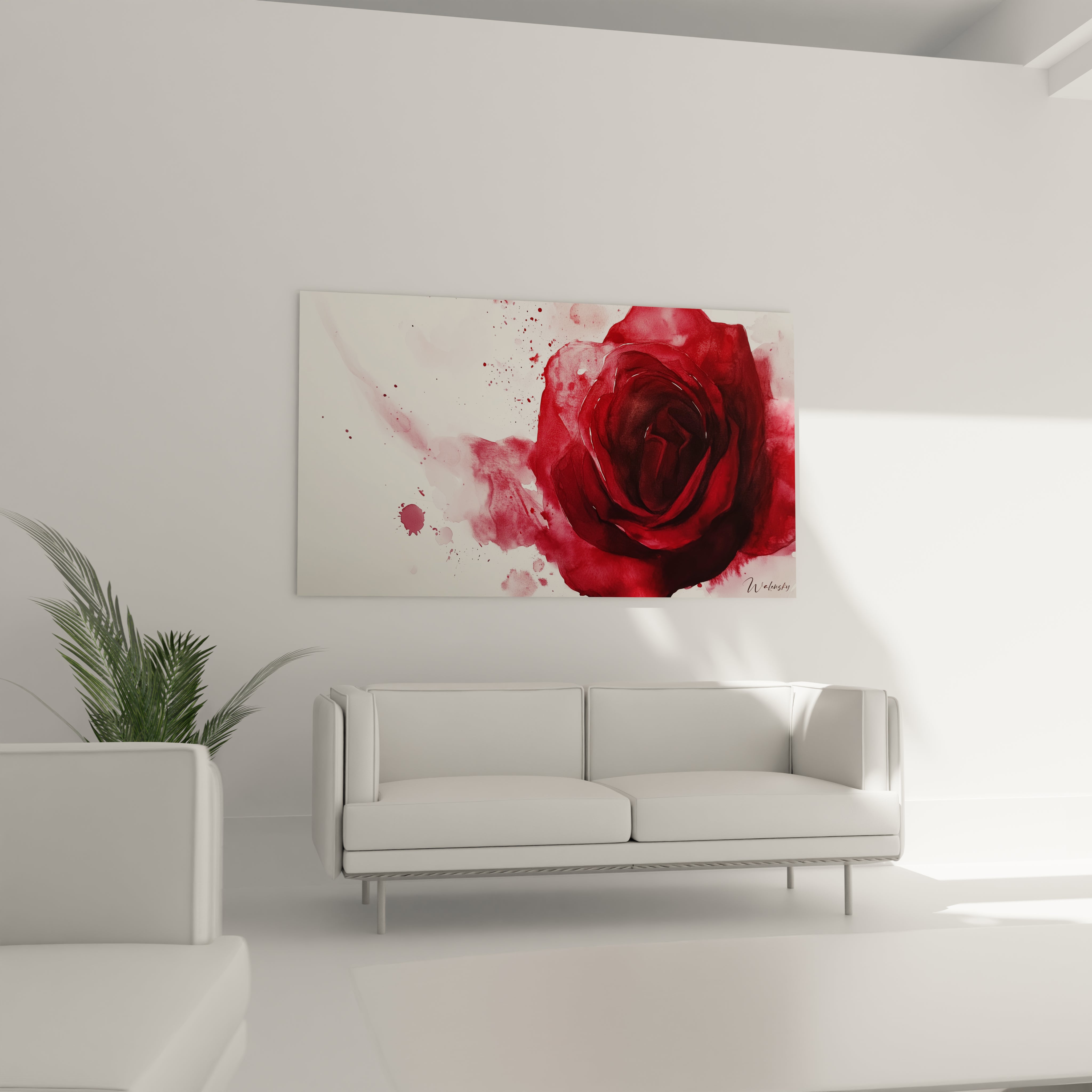 Un tableau rose nature montrant une rose stylisée en rouge foncé sur fond clair, avec des textures aquarellées et des zones de peinture saturée, accentuant les contrastes visuels.

